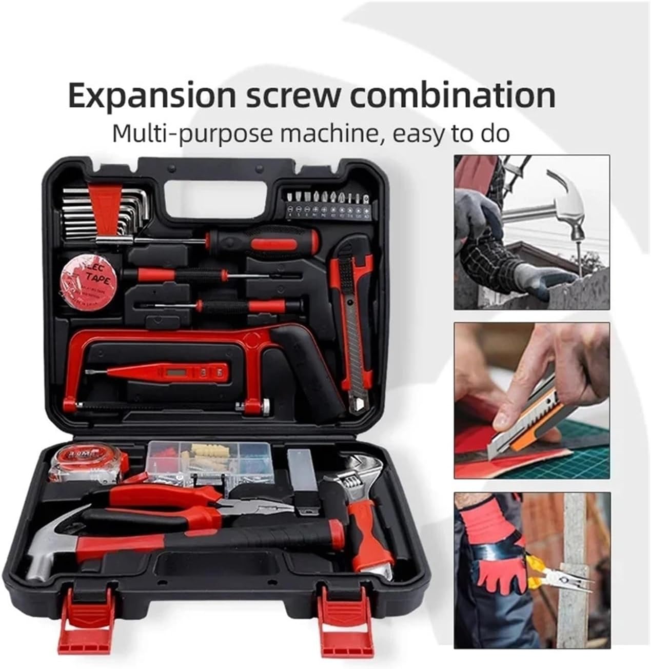 Expansion Screw Tool Box, Multi - Function Hand Tool Set With Screwdriver, Plier, Hammer - Woodworking & Electric Tool Case(RED65 22pcs)