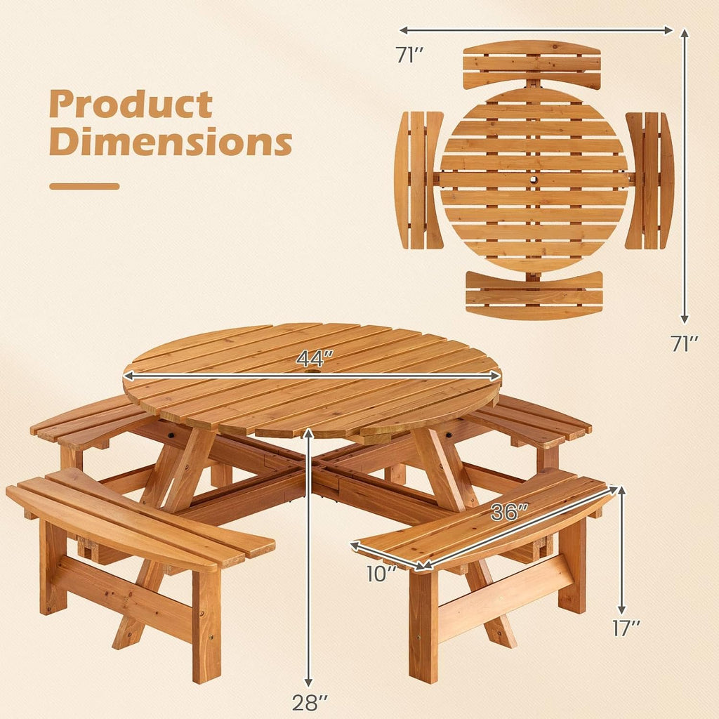 Giantex 8-Person Round Picnic Table Set with 4 Benches, 550 LBS Bench Capacity, 2' Umbrella Hole, Circular Outdoor Wood Dining Table & Chairs for Patio Yard Garden Porch Deck (71'x71'x28',Yellow)