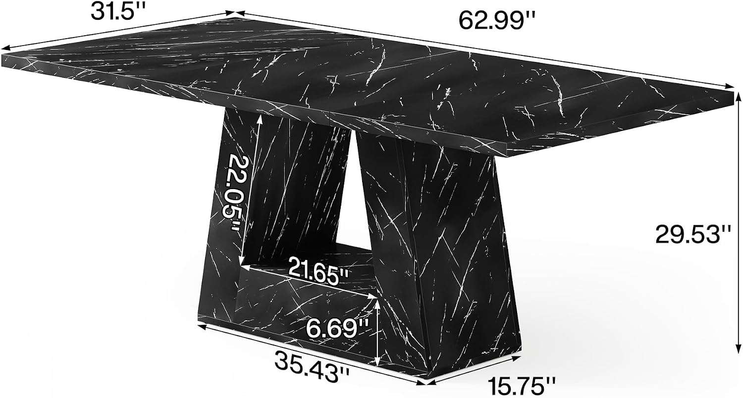 LITTLE TREE Dining Table for 4-6 People, 63 Inches Dining Room Table with Wooden Triangle Pedestal Base, Black Faux Marble Rectangle Dinner Kitchen Table for Dining Room, Kitchen, Living Room
