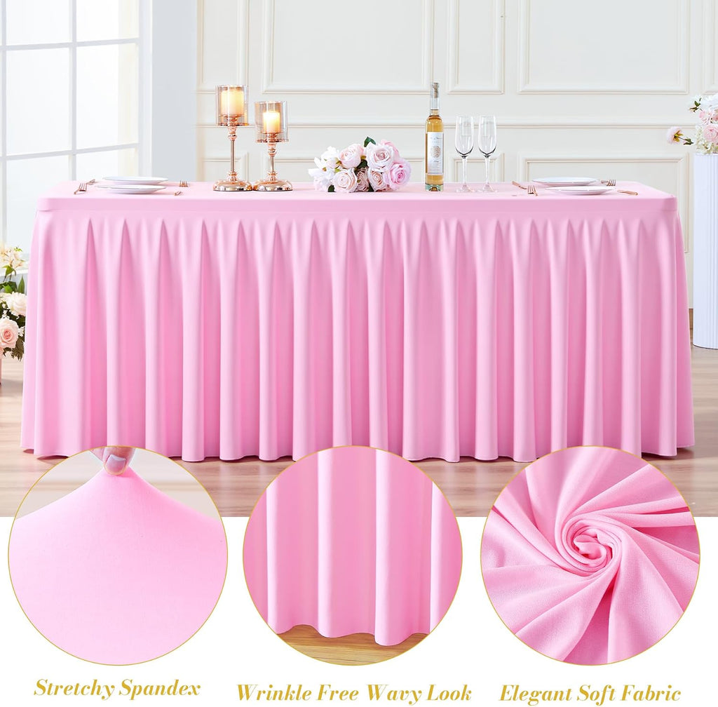6 Pack Pink Rectangle Tablecloth 8 FT Stretch Spandex Fitted Table Cloth for 8 Foot Rectangle Tables Banquet Tablecloths Wrinkle Free Table Cover Skirt Ruffle Tablecloth for Party Wedding Birthday