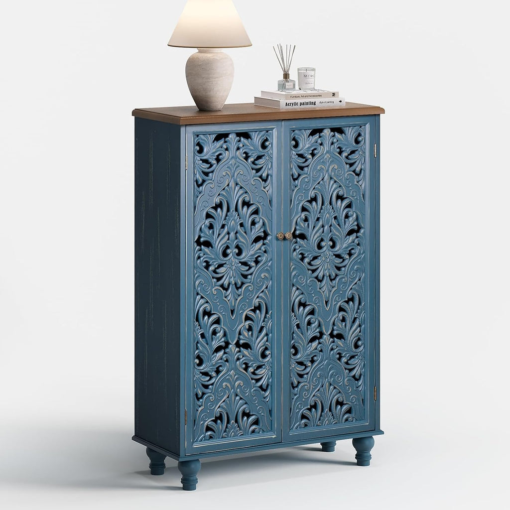 JOINICE 47' Tall Accent Cabinet with Doors and Shelves, Storage Cabinet with Solid Wood Legs for Living Room,Entryway,Dining Room,Bedroom(Blue & Walnut)