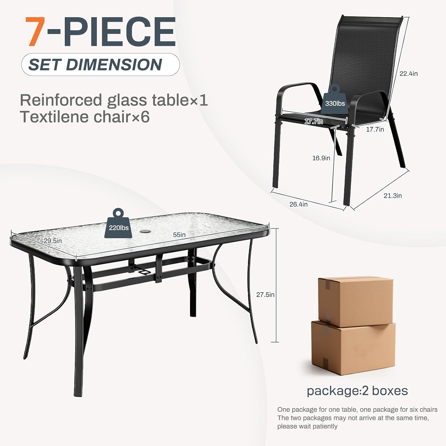 TLSUNNY 7 Pieces Patio Dining Set, Outdoor Table and Chairs W/1.69″ Umbrella Hole, 30'X 55' Table and Stackable Textilene Chair, All Weather Patio Furniture Set (Umbrella not Included) (Black)