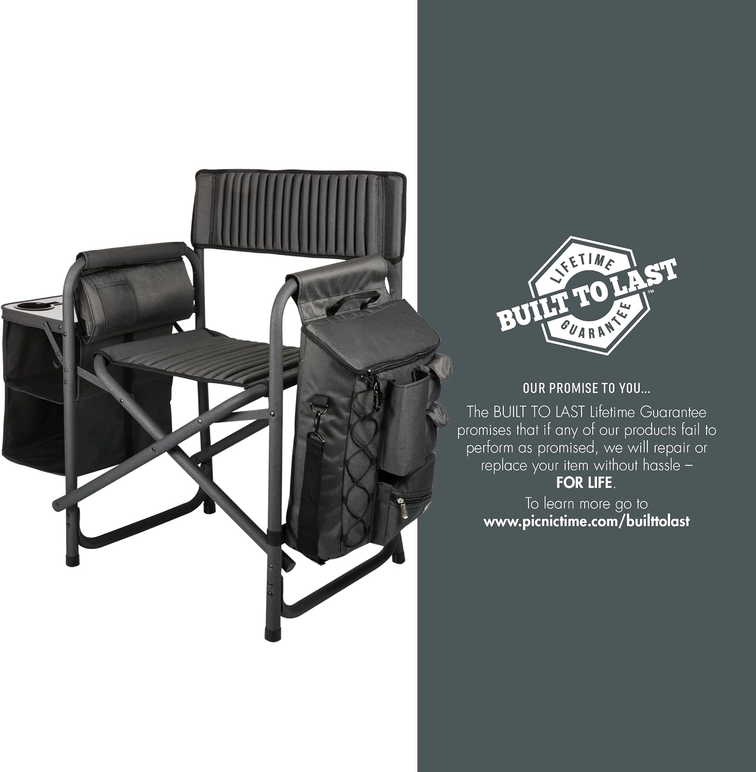 PICNIC TIME Fusion Camping Chair with Side Table and Soft Cooler, Outdoor Foldable Padded Camping Chairs with Cup Holder for Lawn, Beach, & Sports Use for Adults, (Dark Gray Black Accents)
