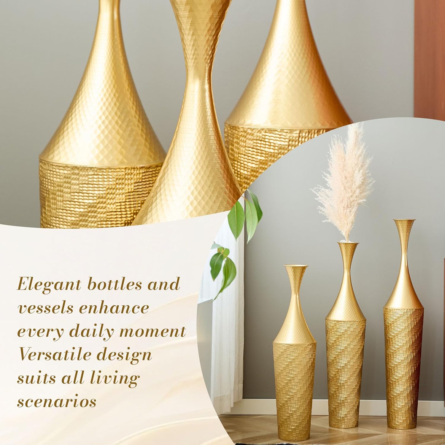 Set of 3 Gold Metal Floor Vases, Handcrafted Hammered Tall Decorative Vases, Rustproof Iron Large Floor Vases for Living Room, Entryway, Pampas Grass & Dried Flower Arrangement