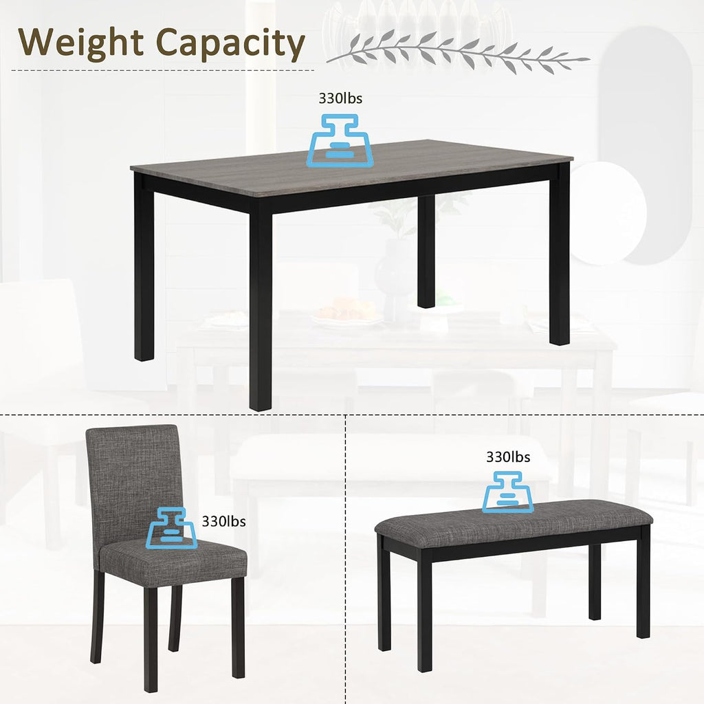 LUMISOL 6 Piece Dining Table Set with Bench and Chairs, Wood Kitchen Table Set for Kitchen, Dining Room, Living Room, Light Grey+Black