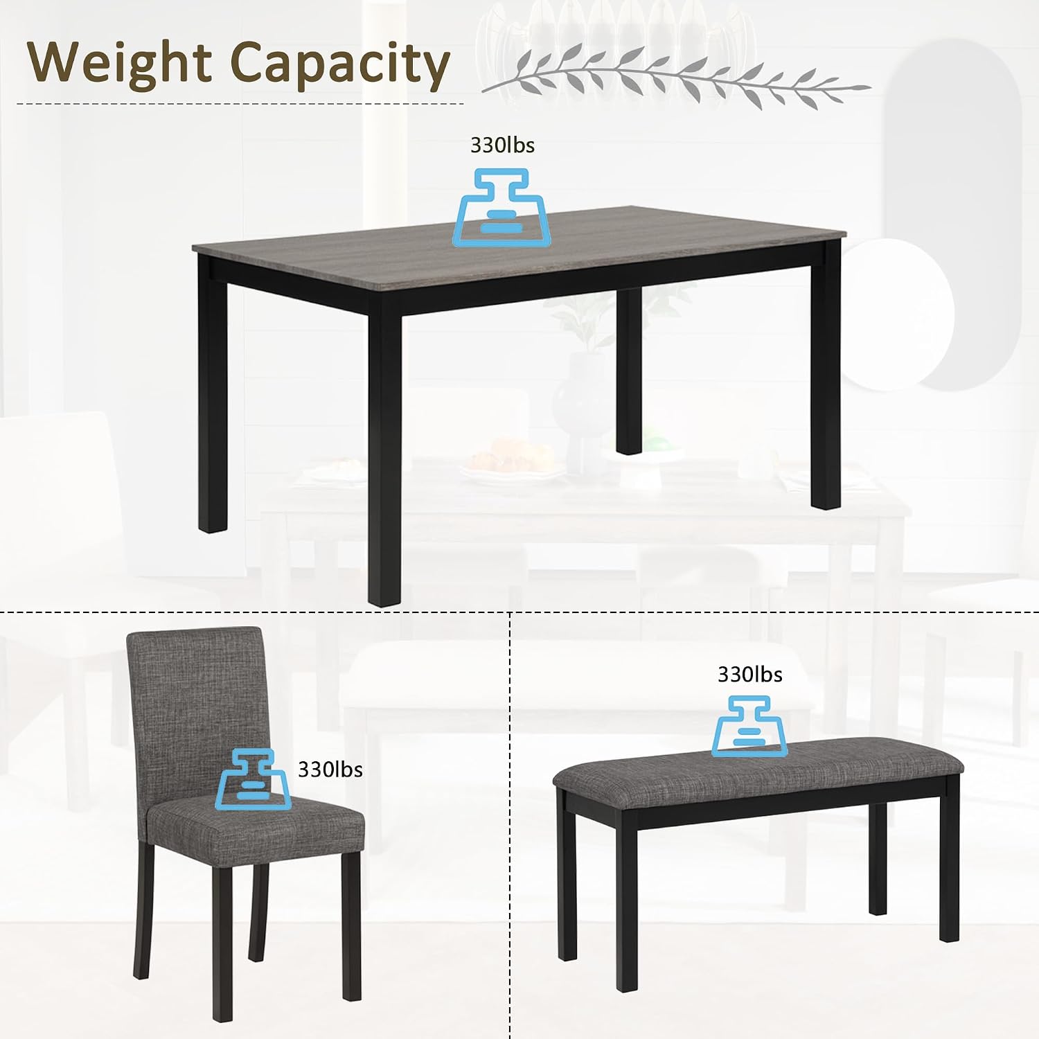 LUMISOL 6 Piece Dining Table Set with Bench and Chairs, Wood Kitchen Table Set for Kitchen, Dining Room, Living Room, Light Grey+Black