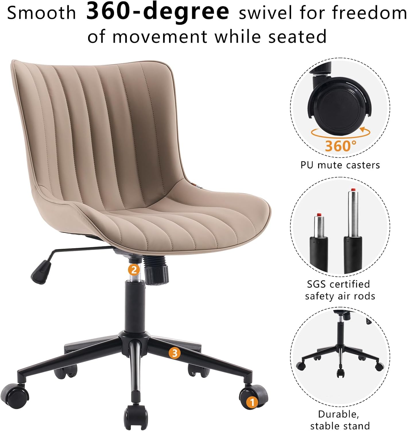 YOUNIKE Khaki Comfy Home Office Desk Chair with Wheels Armless Vanity Chair with Back Ergonomic Modern Leather Upholstered Rolling Task Chair Small Cute Sewing Chair No Arms Wide Swivel Adjustable
