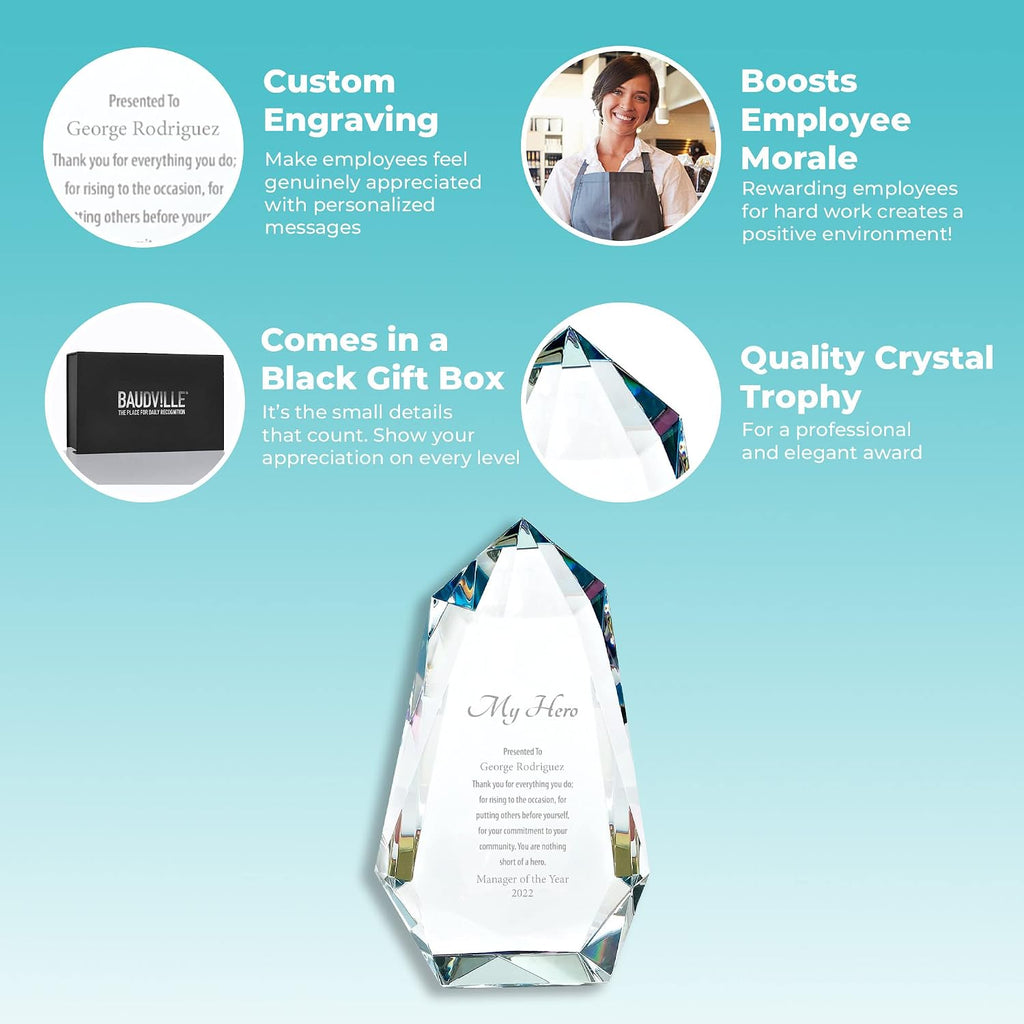 Baudville Engraved Vibrant Luminary Crystal Trophy - Prism Shaped Award