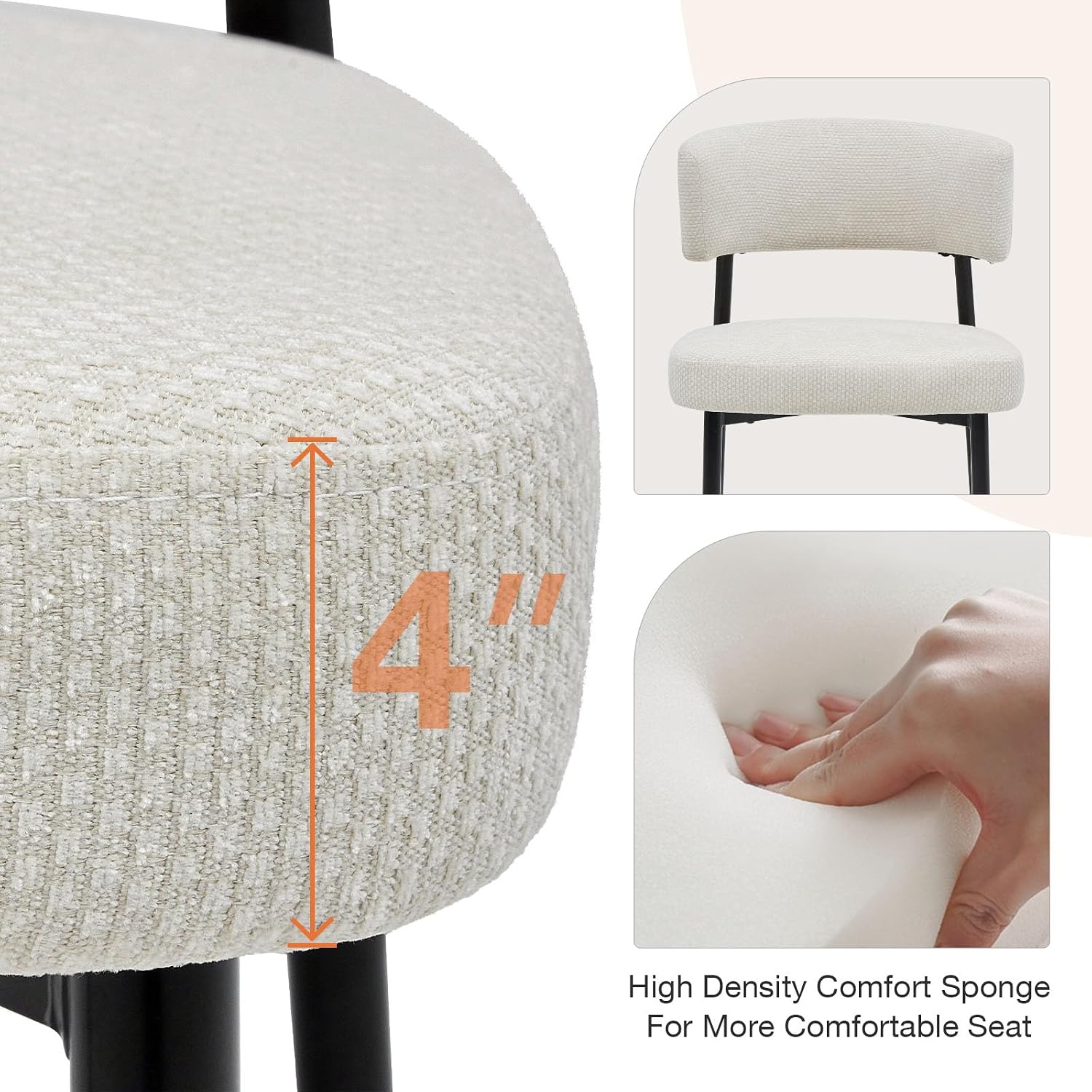 DUMOS Dining Chairs Set of 4, Mid Century Modern Chair Round Upholstered Curved Backrest, Kitchen Vanity Living Room Chairs with Black Metal Legs, Beige