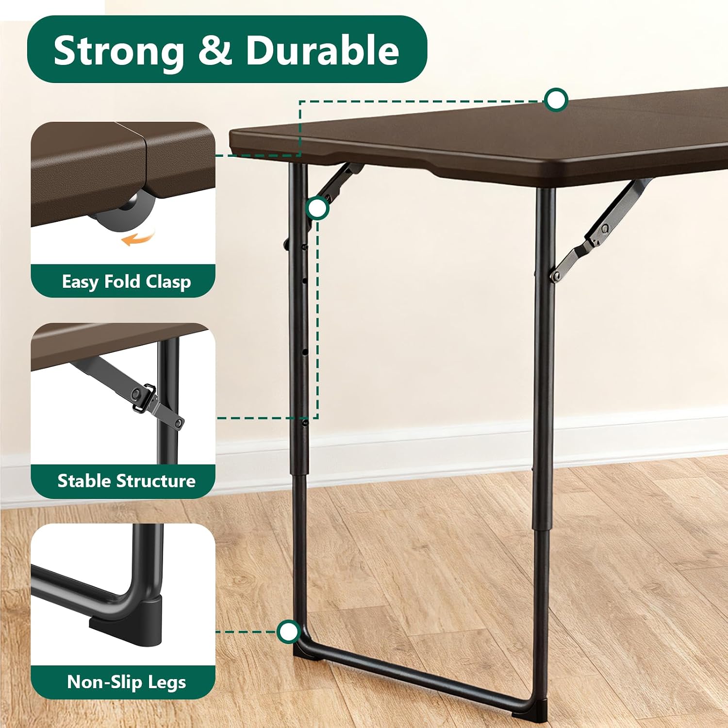 2 Pack Folding Table, 4FT Foldable Picnic Table with Adjustable Height, Heavy Duty Fold-in-Half Portable Table for Weddings, Camping, RV Travel, Parties, BBQs, Easy to Fold and Store, Brown