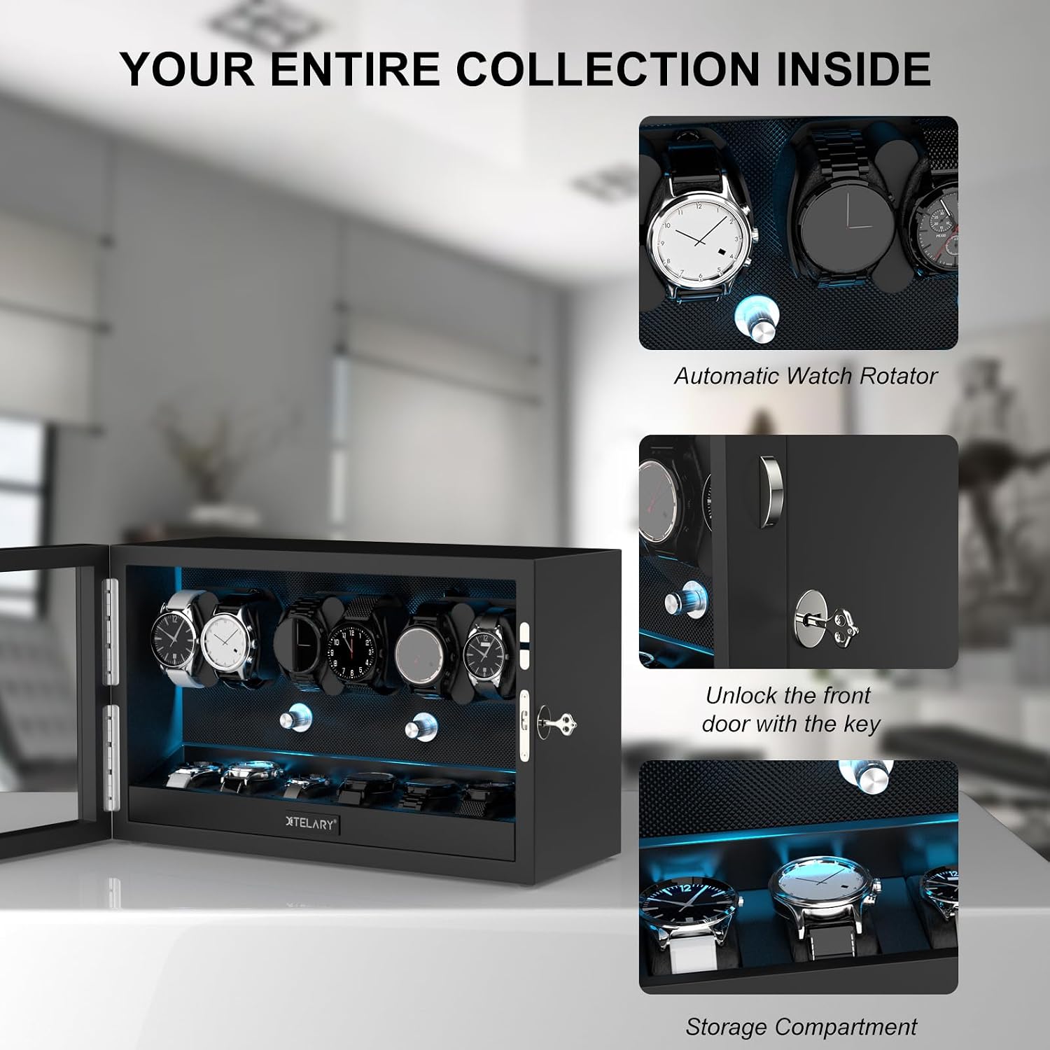 XTELARY Lockable Automatic Watch Winder - 4/6/8/12 Watch Storage, 4 Rotation Modes, Quiet Motor, Backlight