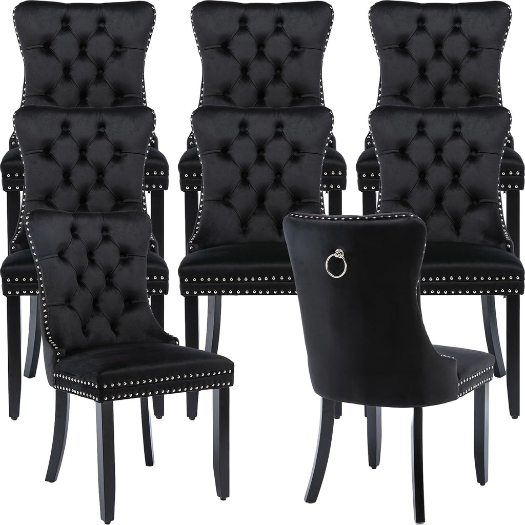 ODUSE-DAILY Black Velvet Dining Chairs Set of 8, Kitchen & Dining Room Chairs, Four Fabric Tufted Dinning Chairs, Velvet Upholstered, Wing Back, Metal Pull Ring, Wood Frame, Mid Century Modern