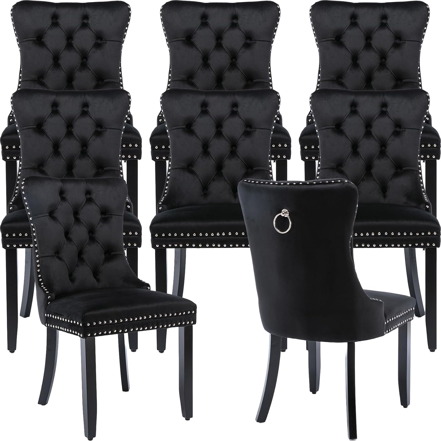 ODUSE-DAILY Black Velvet Dining Chairs Set of 8, Kitchen & Dining Room Chairs, Four Fabric Tufted Dinning Chairs, Velvet Upholstered, Wing Back, Metal Pull Ring, Wood Frame, Mid Century Modern