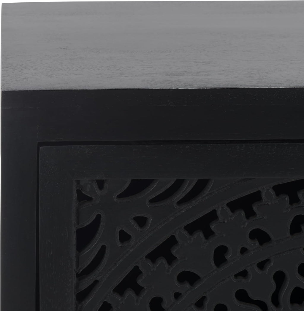 SAFAVIEH Furniture - Thea 1-Door Carved Nightstand - Black - Mango Wood - Artisan Global Design - Ideal for Bedroom, 20' W x 14' D x 26' H - Fully Assembled (NST5300D)
