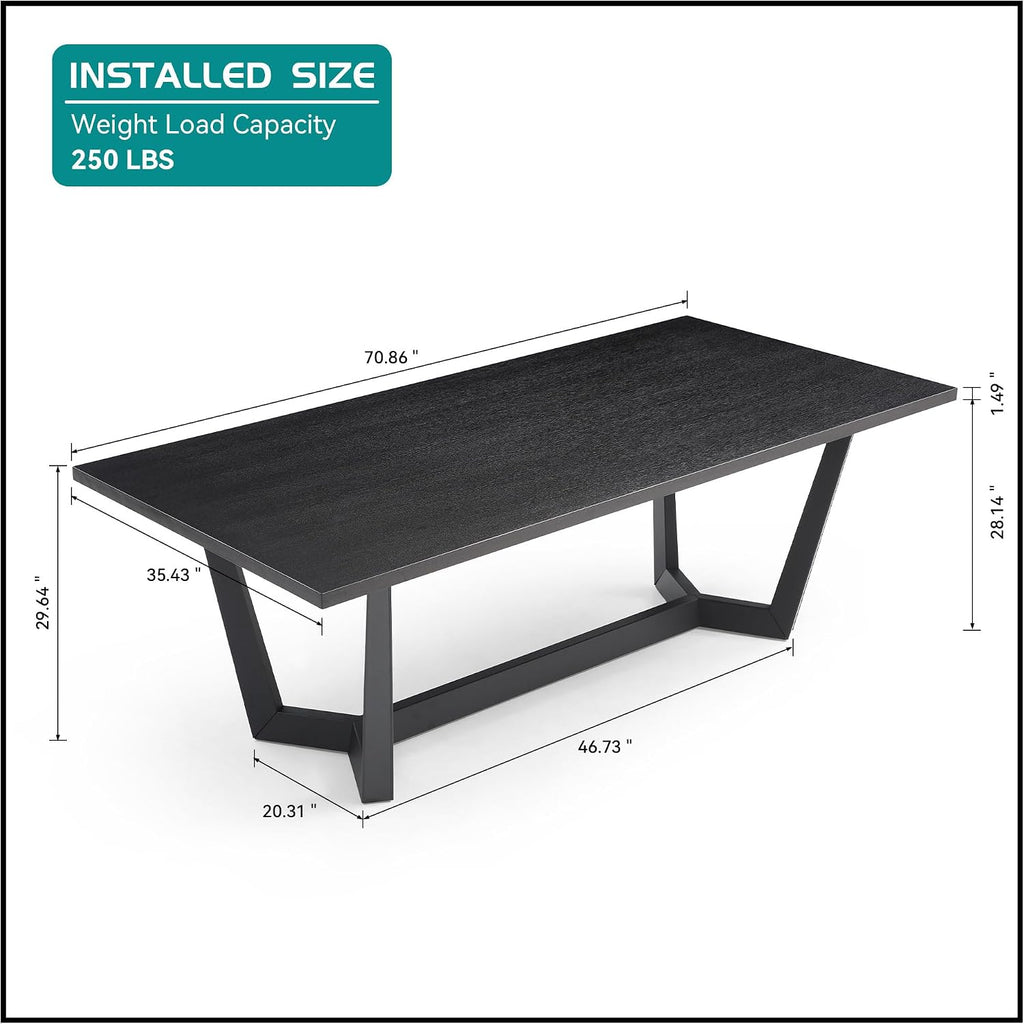 70.86'' Rectangular Wood Dining Table for 6-8, Modern Mid-Century Contemporary Dining Table for Living Room Kitchen, Dining Kitchen Table with Metal Leg Base, Easy Assembly, Black