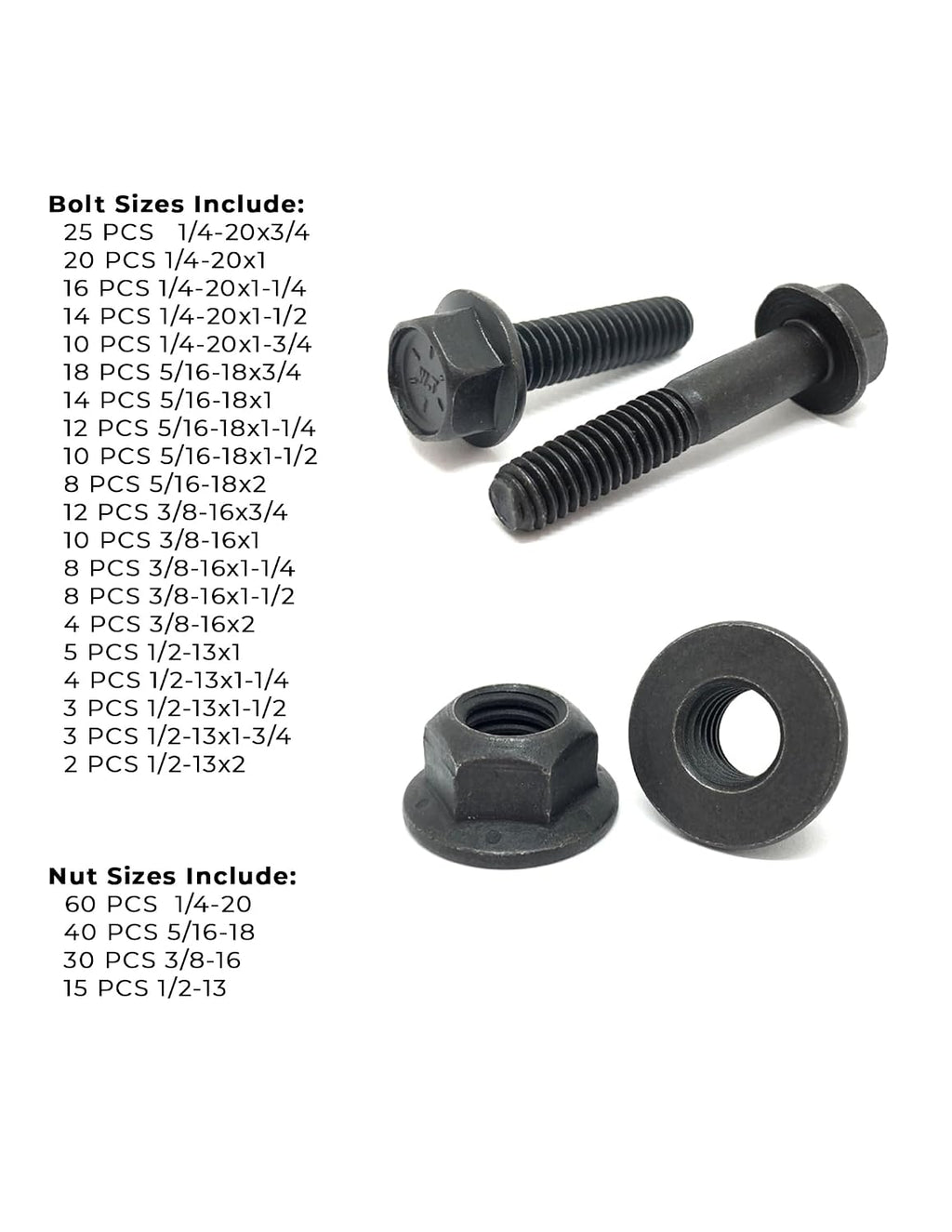 Grade 8 Hex Cap Flange Frame Bolt Black Phos & Locking Flange Nuts Assortment Kit - 351 Pieces!