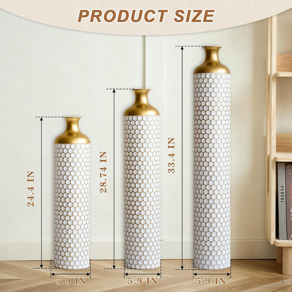 Tall Floor Vases Set of 3, White and Gold Large Tall Decorative Standing Vases with Hammered Gold Accents for Fireplace Home Corner Hallway Office, 31.5' 27.5' 23.6'