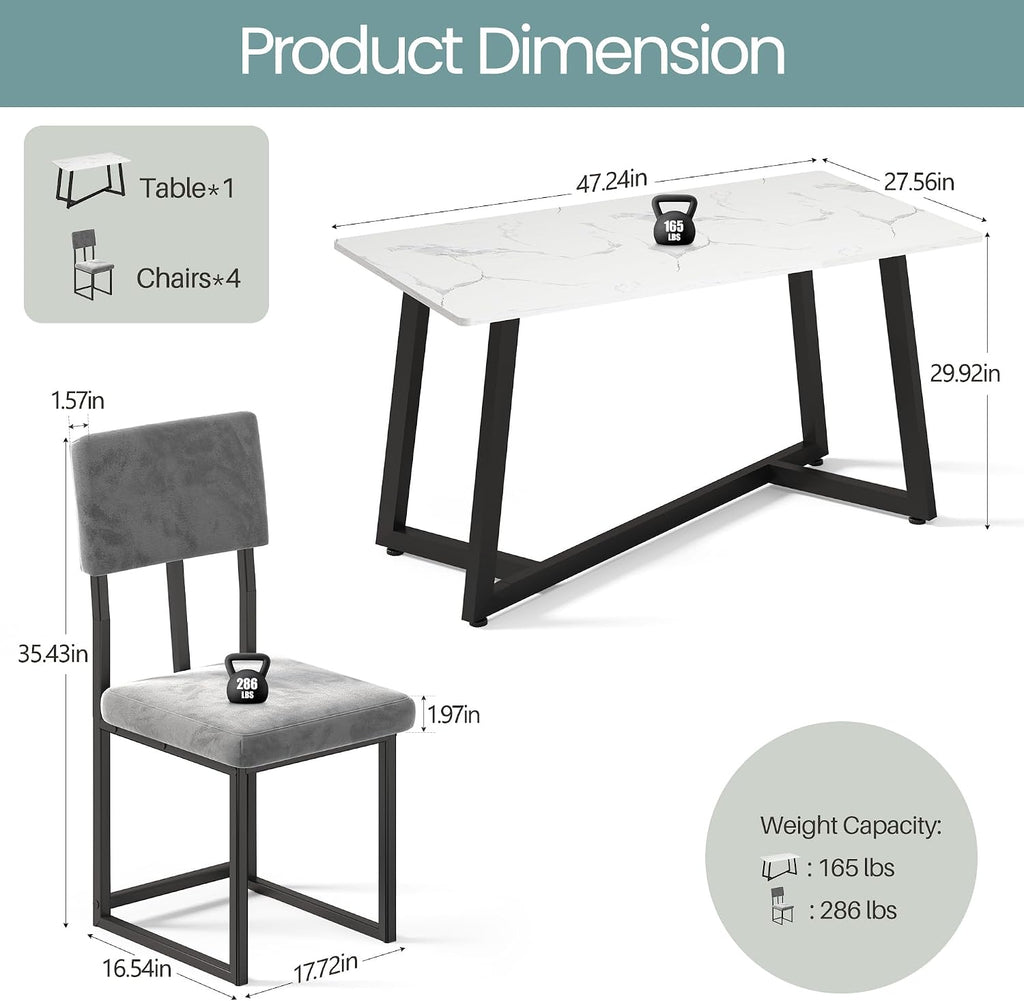 HUGROVE 5 Piece Dining Set, 47.24'' Faux Marble Dining Table Set for 4, Modern Minimalist Kitchen & Dining Room Set with Upholstered Chairs for Small Spaces, Apartments (Charcoal Velvet)