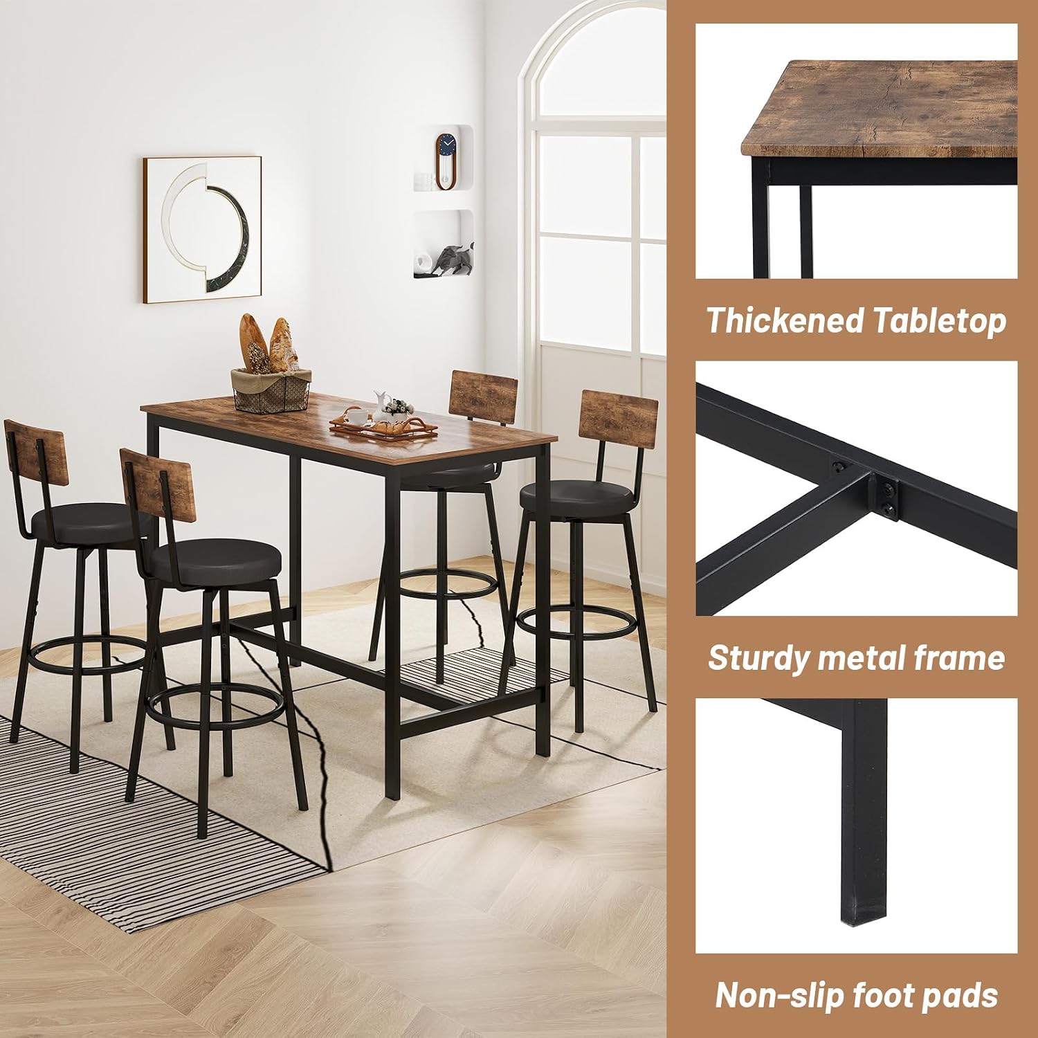 Zevemomo 5-Piece Dining Table Set, Bar Table Set for 4, Kitchen Table and Chairs, Counter Height High Top Table with 4 PU Upholstered Stools, Space-Saving Pub Table Sets for Small Space, Brown & Black