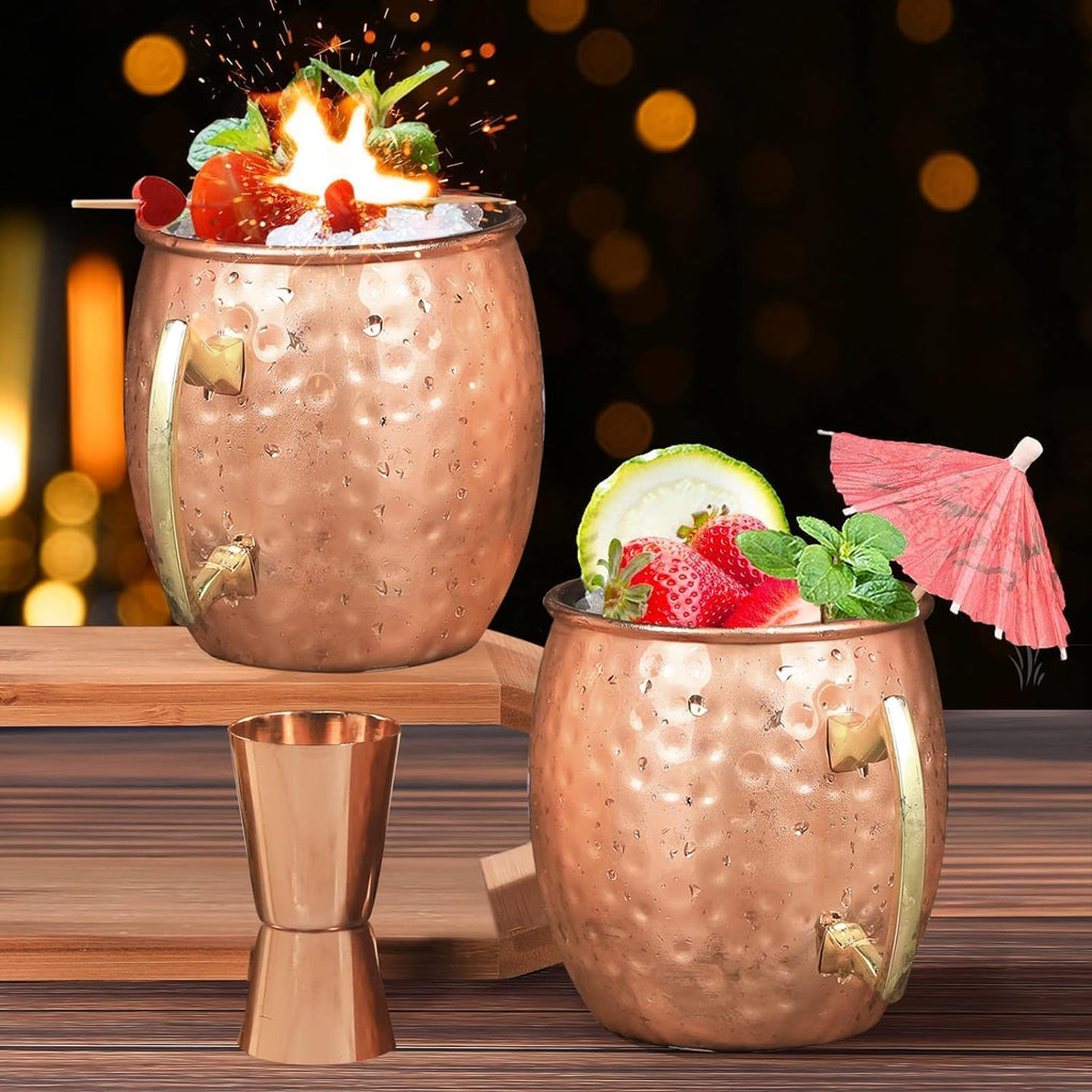 Moscow Mule Mugs Set of 24 Copper Plated Mule Mugs 18oz Bulk Large Hammered Stainless Steel Cups with Handle 1pcs 0.5oz Double Jigger Stainless Steel Straws for Cold Chilled Drinks Cocktails