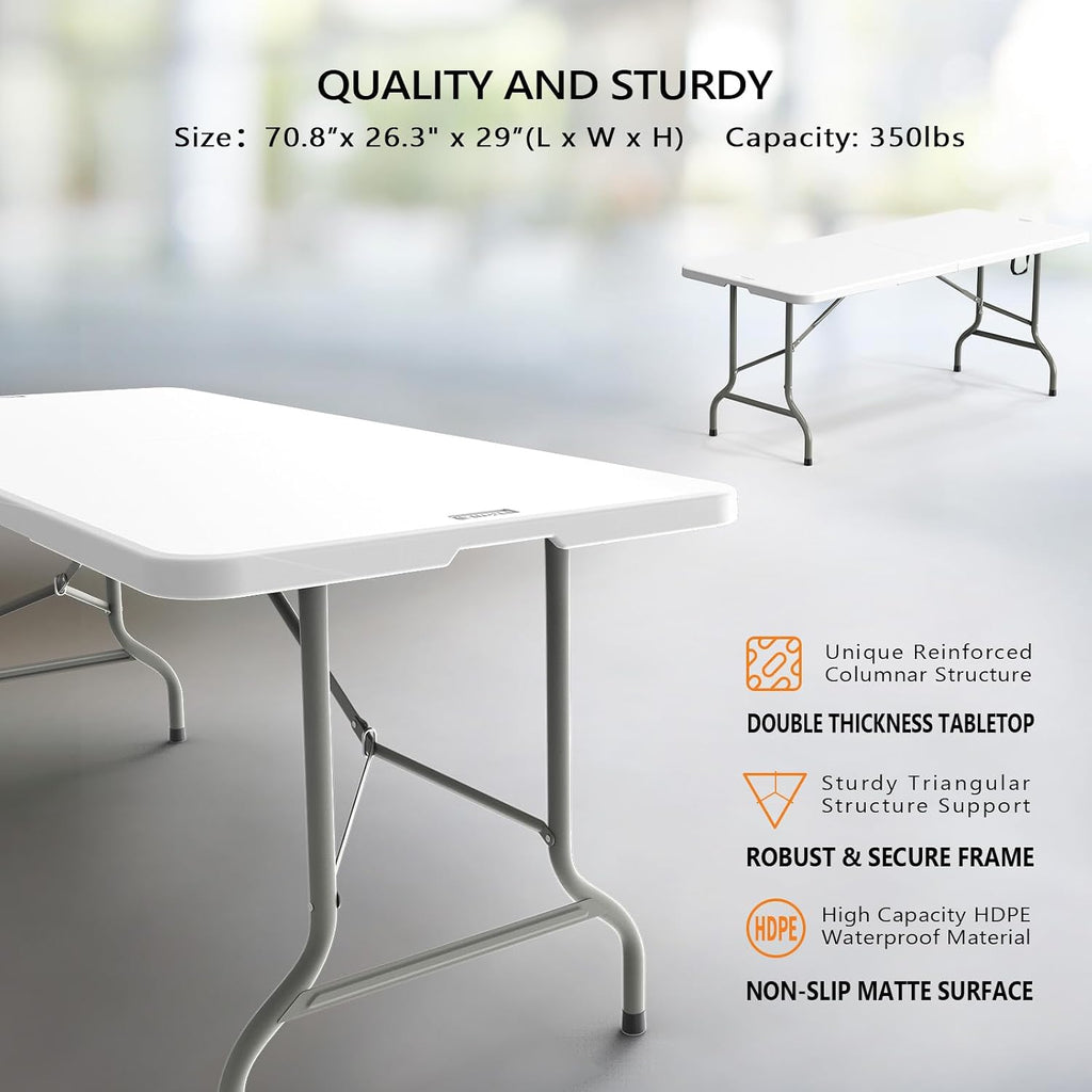VINGLI 6-Foot Portable Plastic Folding Table,Rectangular HDPE Tabletop Foling Table for Indoor and Outdoor Use with Carrying Handle,White 50 Pack