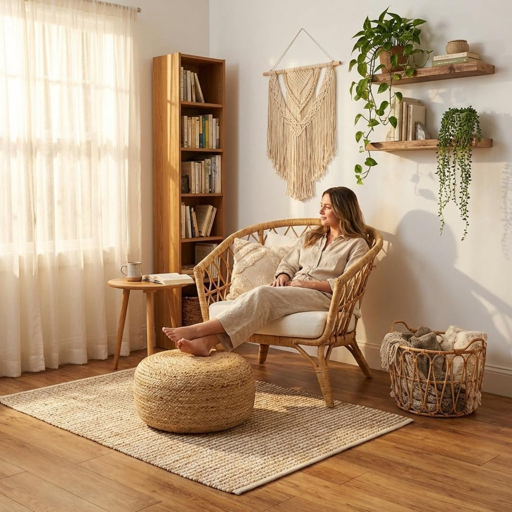 · REDEARTH · Jute Circular Low Pouf Ottoman - Braided Pouffe Accent Sitting Round Footrest for Living Room, Bedroom, Nursery, kidsroom, Patio, Gym; 100% Jute Set of 2 (18'X18'X10'; Natural)