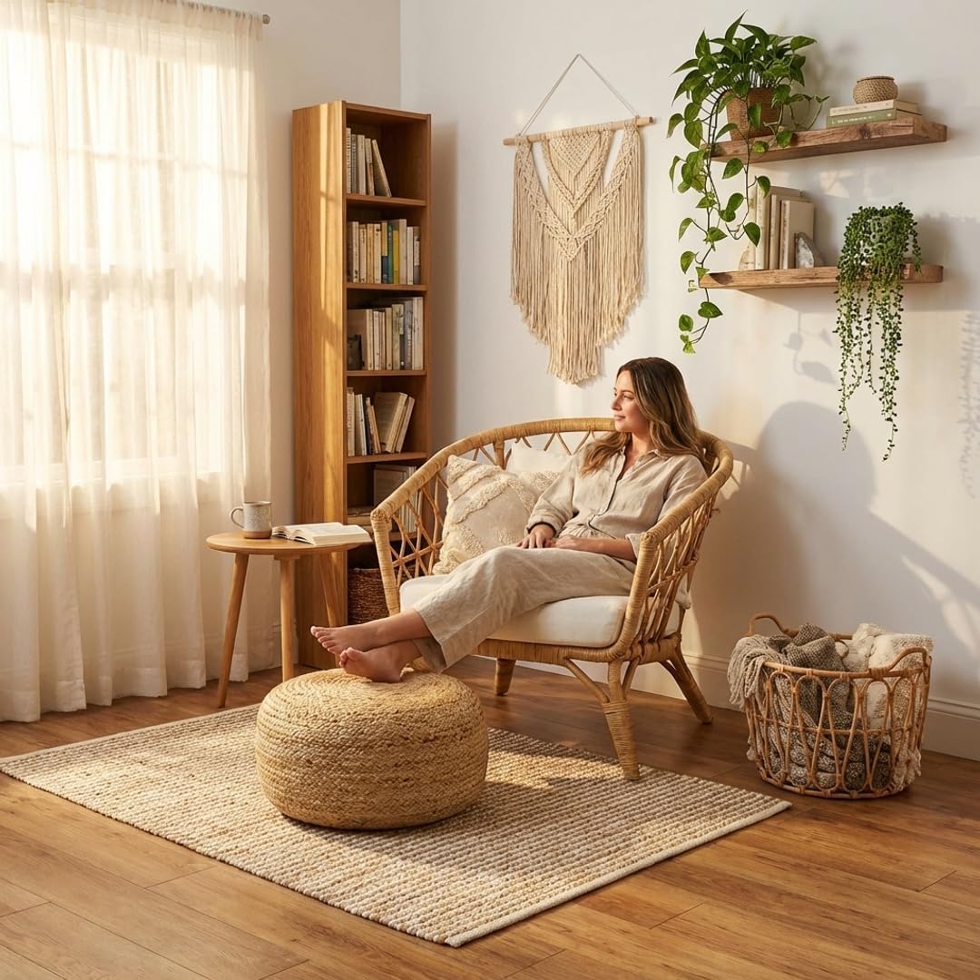 · REDEARTH · Jute Circular Low Pouf Ottoman - Braided Pouffe Accent Sitting Round Footrest for Living Room, Bedroom, Nursery, kidsroom, Patio, Gym; 100% Jute Set of 2 (18'X18'X10'; Natural)
