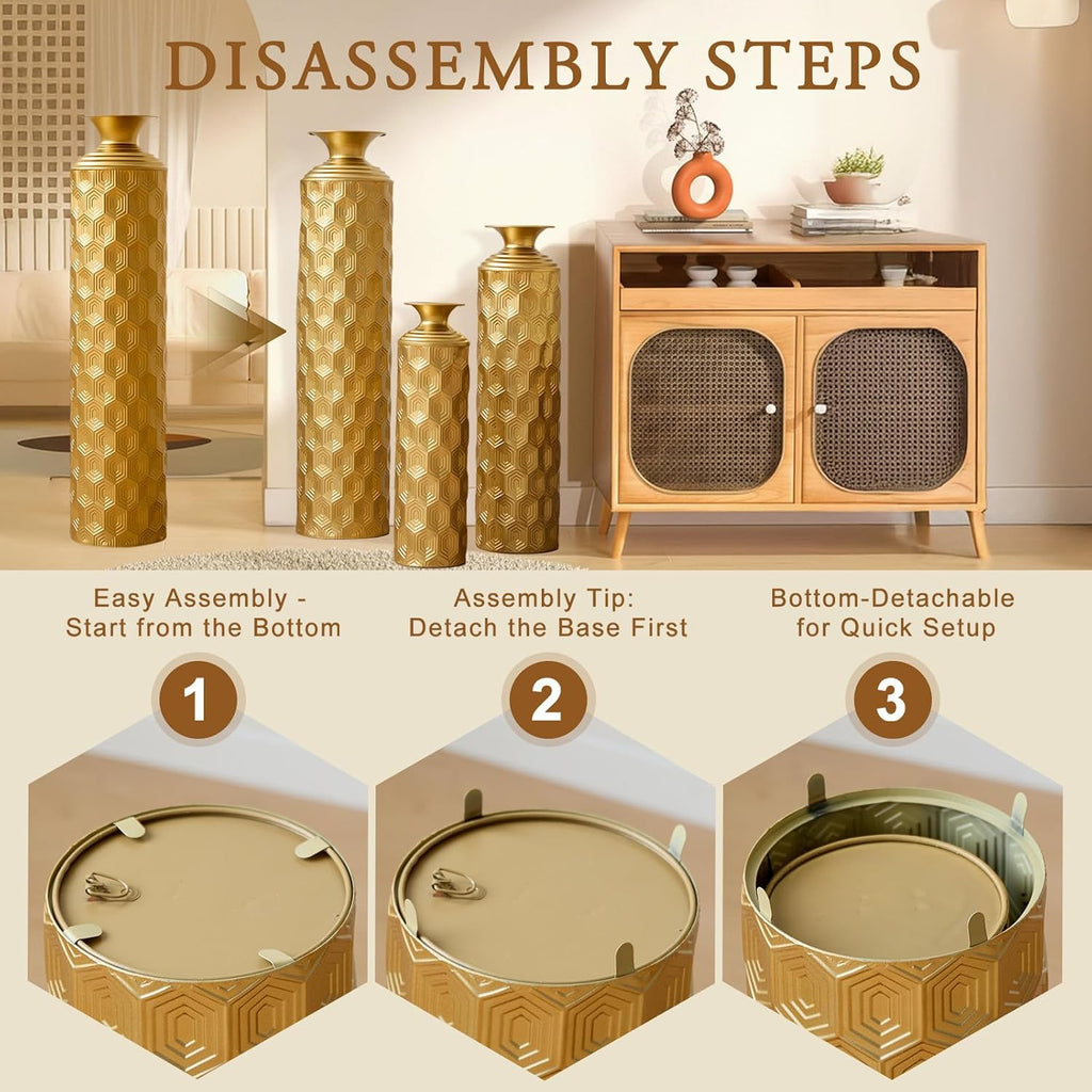 Set of 3 Gold Geometric Metal Floor Vases, 33.46' 25.59' 19.69' Tall Decorative Vase with Honeycomb Texture, Luxury Glam Floor Vase for Living Room, Entryway, Office, Pampas Grass & Dried Flower Decor