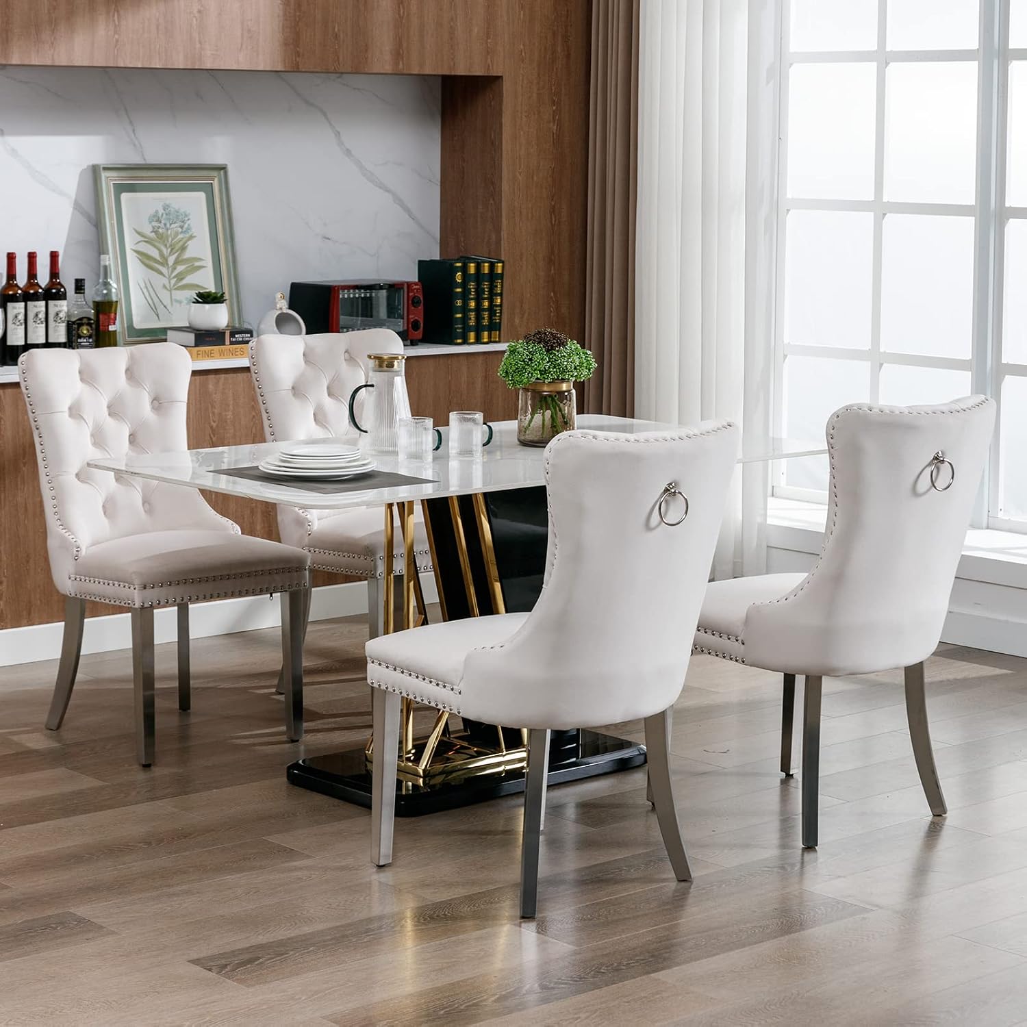 ODUSE-DAILY Velvet Dining Chairs Set of 4, Kitchen & Dining Room Chairs Set of 4, Tufted Dining Chairs, Velvet Upholstered, Chrome Metal Legs (Beige)