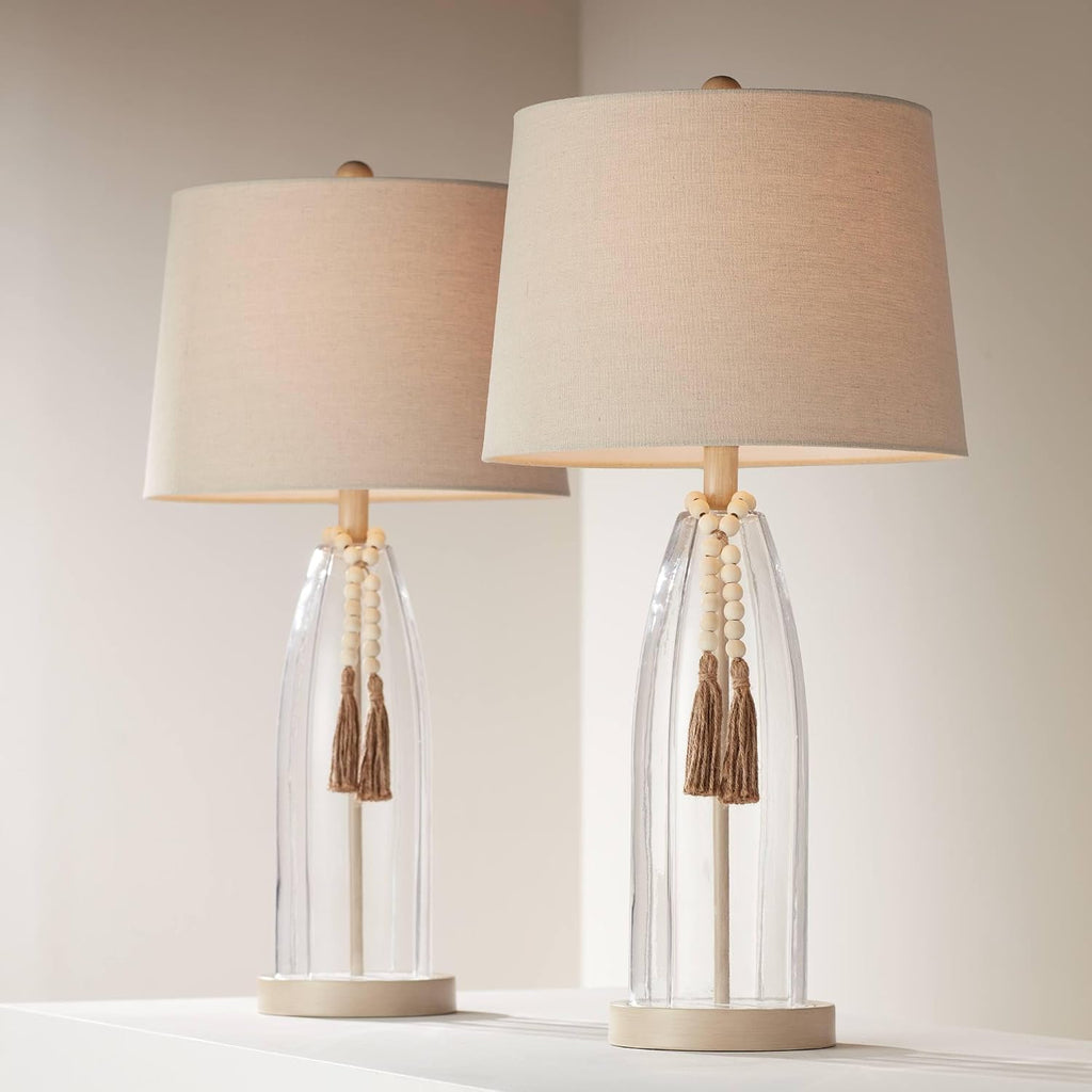 360 Lighting Tibet 27' Tall Modern Coastal 3-Way Table Lamps Set of 2 Clear Glass Fabric White Shade Living Room Bedroom Bedside Nightstand House Office Home Reading Kitchen Entryway Console Family