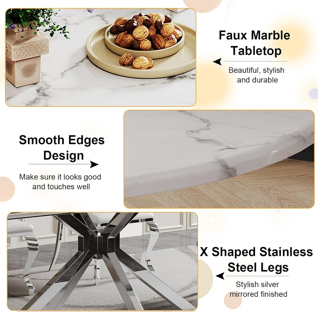 White Round Marble Dining Table with Silver Stainless Steel Leg, 45.28' Small Circle Marble Kitchen Table for 2-4 Person, Mid Century Modern Dining Table for Dining Room Kitchen Living Room