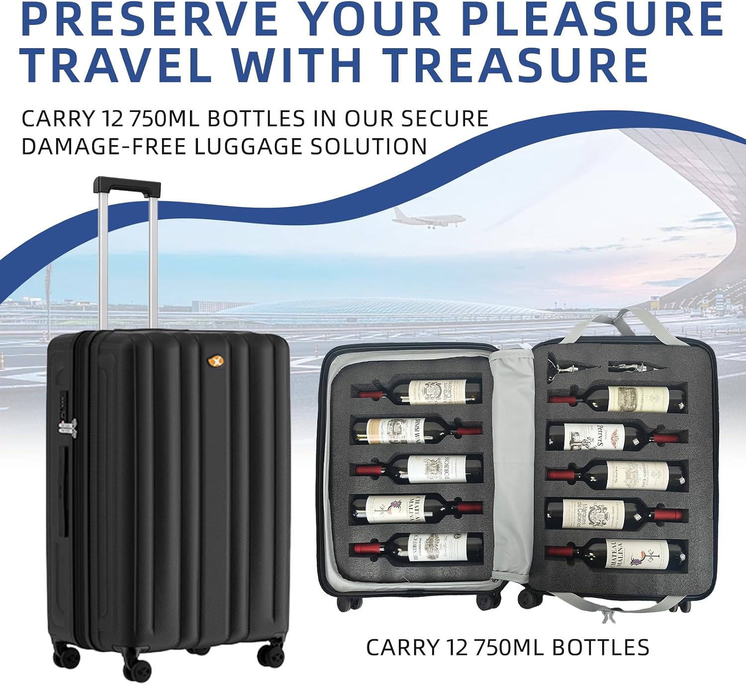 Suitcase for Wine With 12 Bottle Capacity, Durable Shipping Box, Travel Case With TSA Lock, Versatile Carrier, Removable Inserts and Silent Spinner Wheels (Midnight Black)