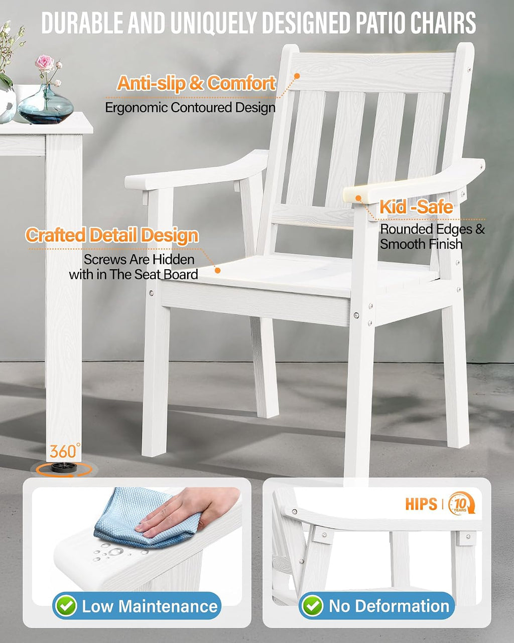 YEFU HIPS Patio Table Set: 5 Piece Outdoor Square Table and Chairs with Metal Aluminum Frame - White Modern Plastic Patio Dining Furniture Set 4 Person for Outside Deck