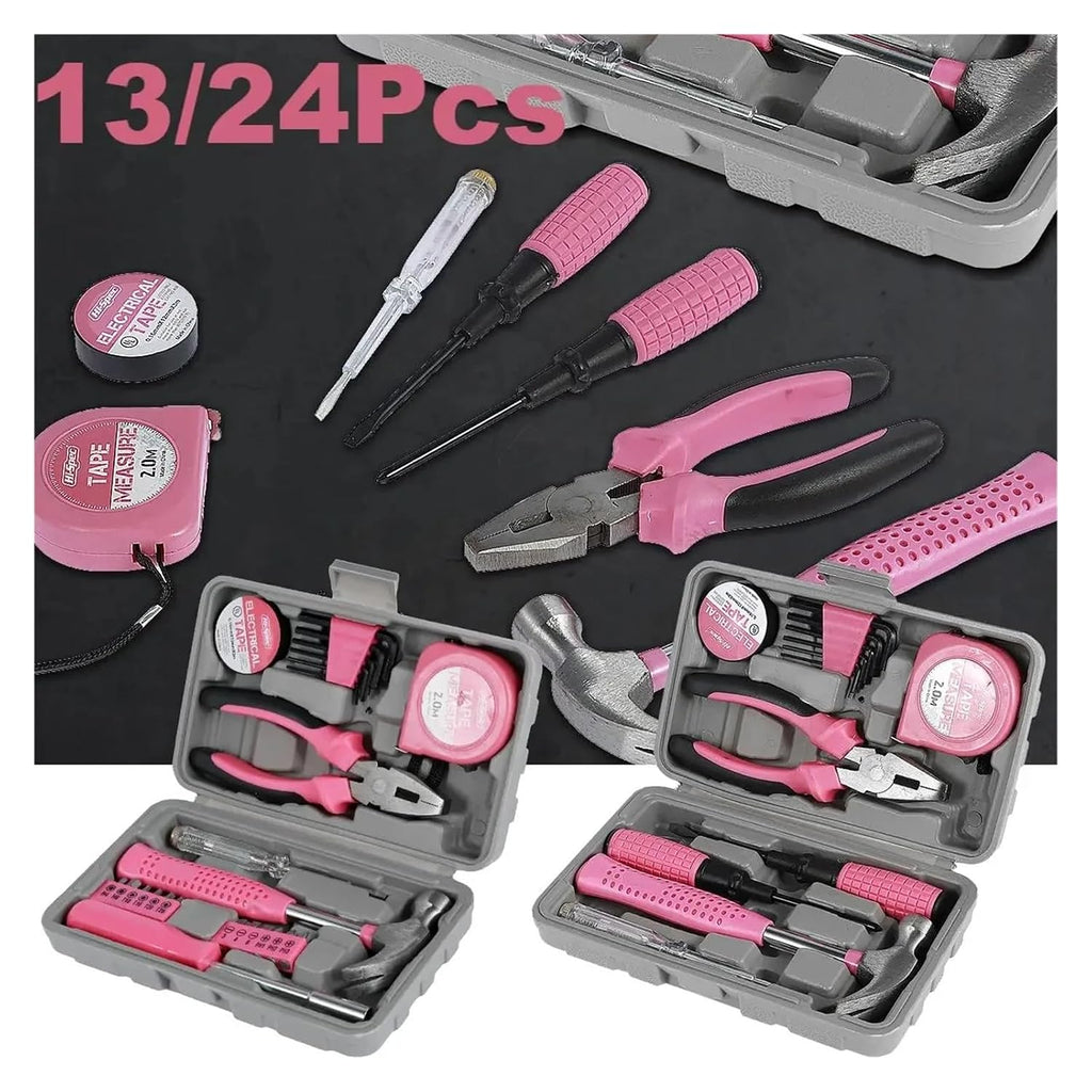13/24Pcs Household Repair Tool Kit Multi-Purpose Pink Hand Tool Set with Storage Case Durable Hammer and Allen Key Set(13pcs)