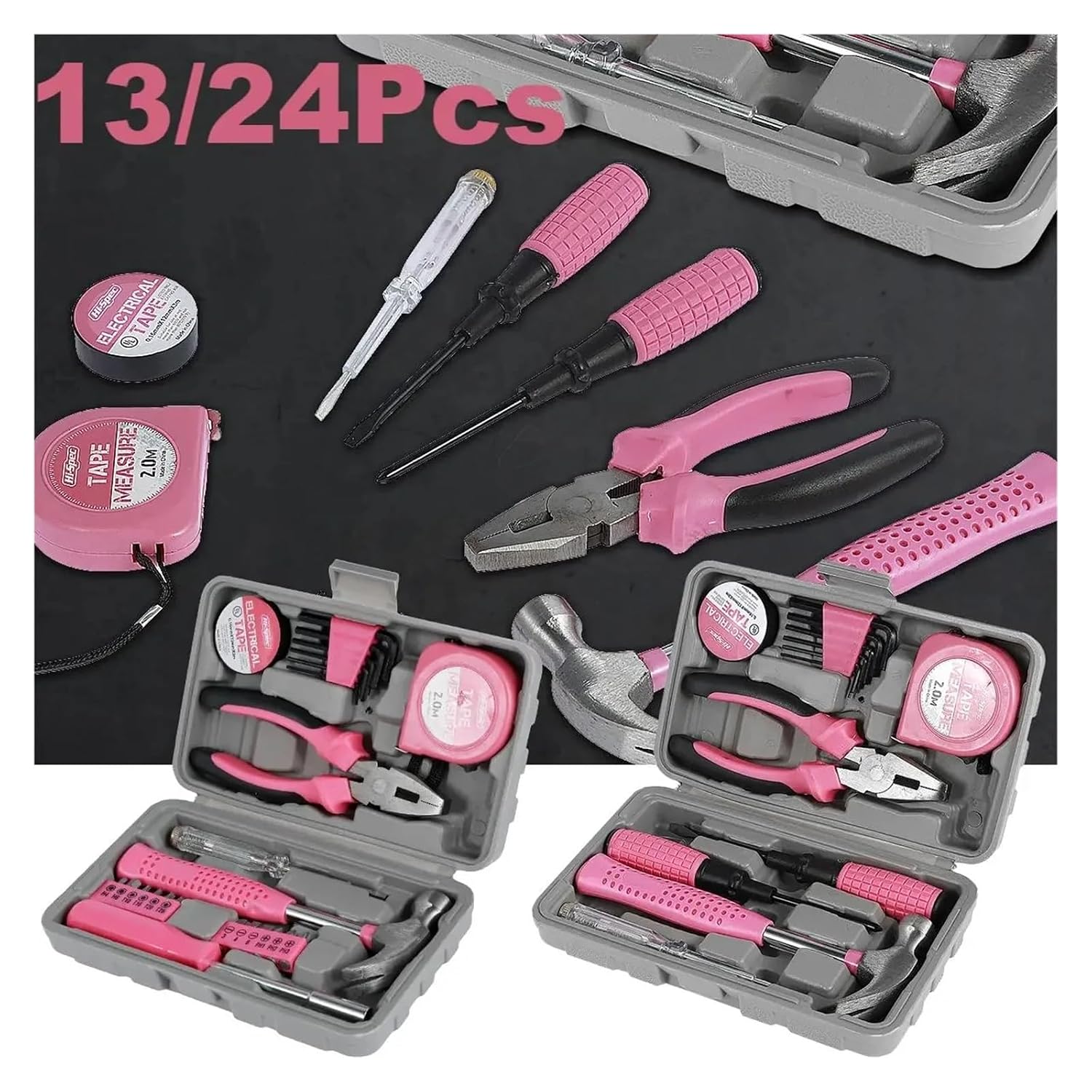 13/24Pcs Household Repair Tool Kit Multi-Purpose Pink Hand Tool Set with Storage Case Durable Hammer and Allen Key Set(13pcs)