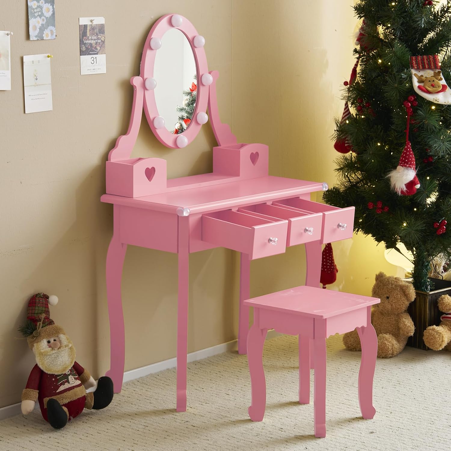 Karl home Kids Vanity Table and Chair Set, Princess MDF Dressing Table with 3-Color LED Lighted Mirror and 3 Drawers, Lovely Waved Design for Toddler's Bedroom and Playroom Decor, Macaroon Pink