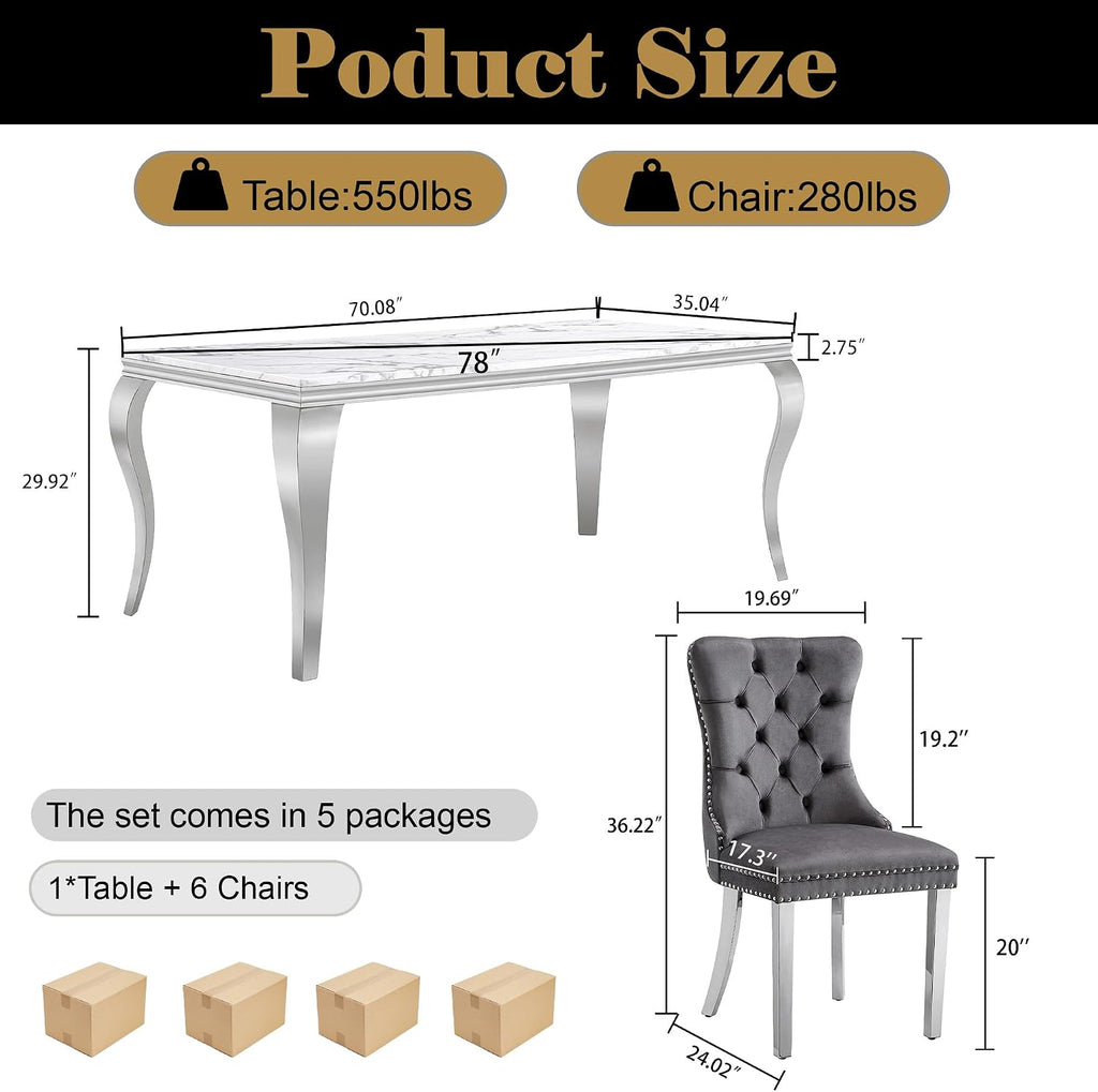 Marble Dining Table Set for 6,70' White Faux Marble Kitchen Table and Velvet Chairs for 6,7 Piece Luxury Dining Room Table Set and 6 Grey Tufted Dinning Chairs with Silver Stainless Steel Legs