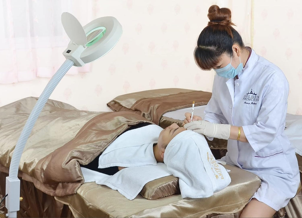 Dimmable Magnifier Lamp, 8X Beatuy Magnifying Glass Lamp LED Cold Light Floor Lamp Soft Light Shadowless Eye Care Light for Tattoo Skin Care Manicure Eyebrows