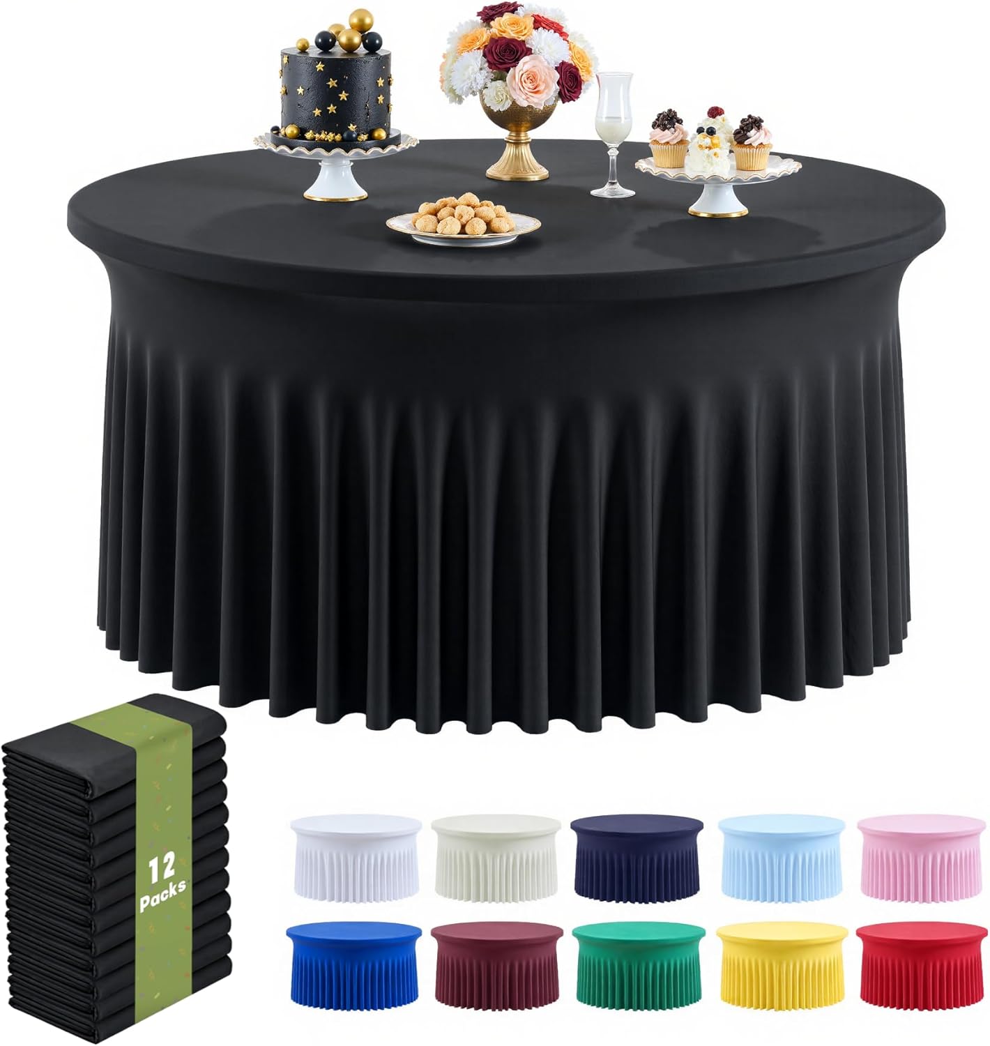 Outpain 12 Pack Spandex Black Round Tablecloths for 60 Inch/5FT Tables - Stretchy Table Cloth with Skirt, Wrinkle-Free Fitted Cloth for Wedding Vendor, Banquet & Graduation Decor (120' Round)
