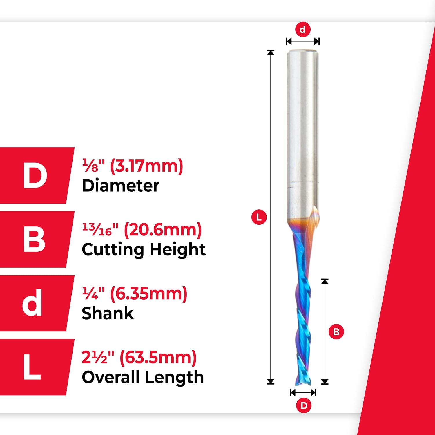 Amana Tool Spektra Extreme Tool Life Coated Solid Carbide Spiral Plunge Router Bit, 46125-K-5 5 Pack, 1/8 Dia x 13/16 CH x 1/4 Shank 2-1/2 Inch Long Up-Cut