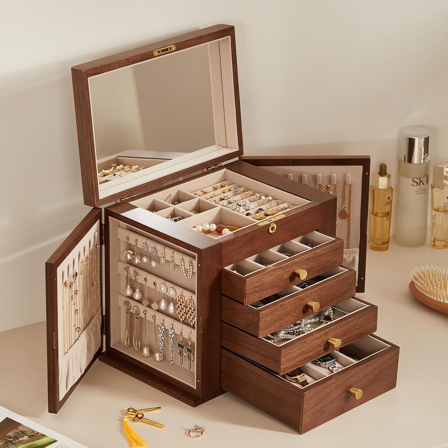 Black Walnut Wooden Jewelry Box, Wood Jewelry Organizer with 2 Side Doors Mirror Lockable Classical Style for Watch Necklace Ring Earring Storage Mothers Day Gifts for Mom-5 Layer