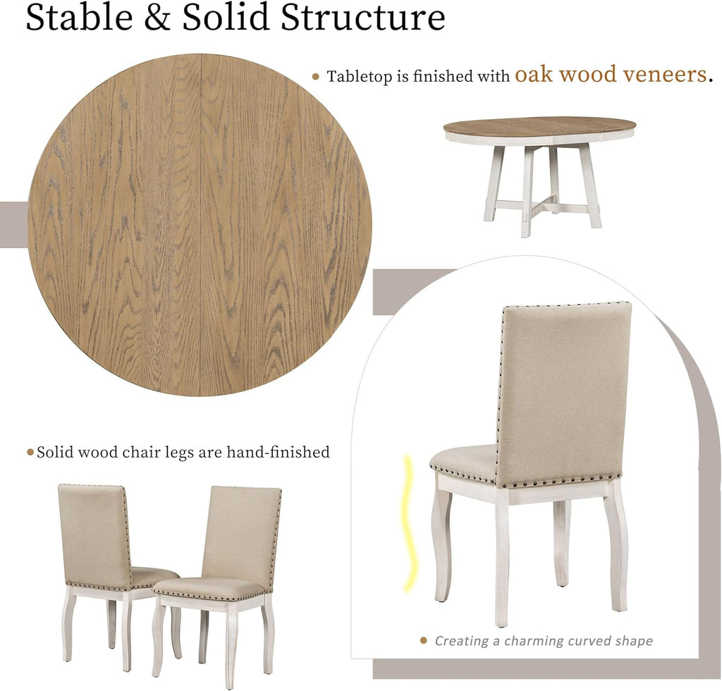 Harper & Bright Designs TREXM 5-Piece Farmhouse Dining Table Set Wood Round Extendable Dining Table and 4 Upholstered Dining Chairs (Oak Natural Wood + Antique White)