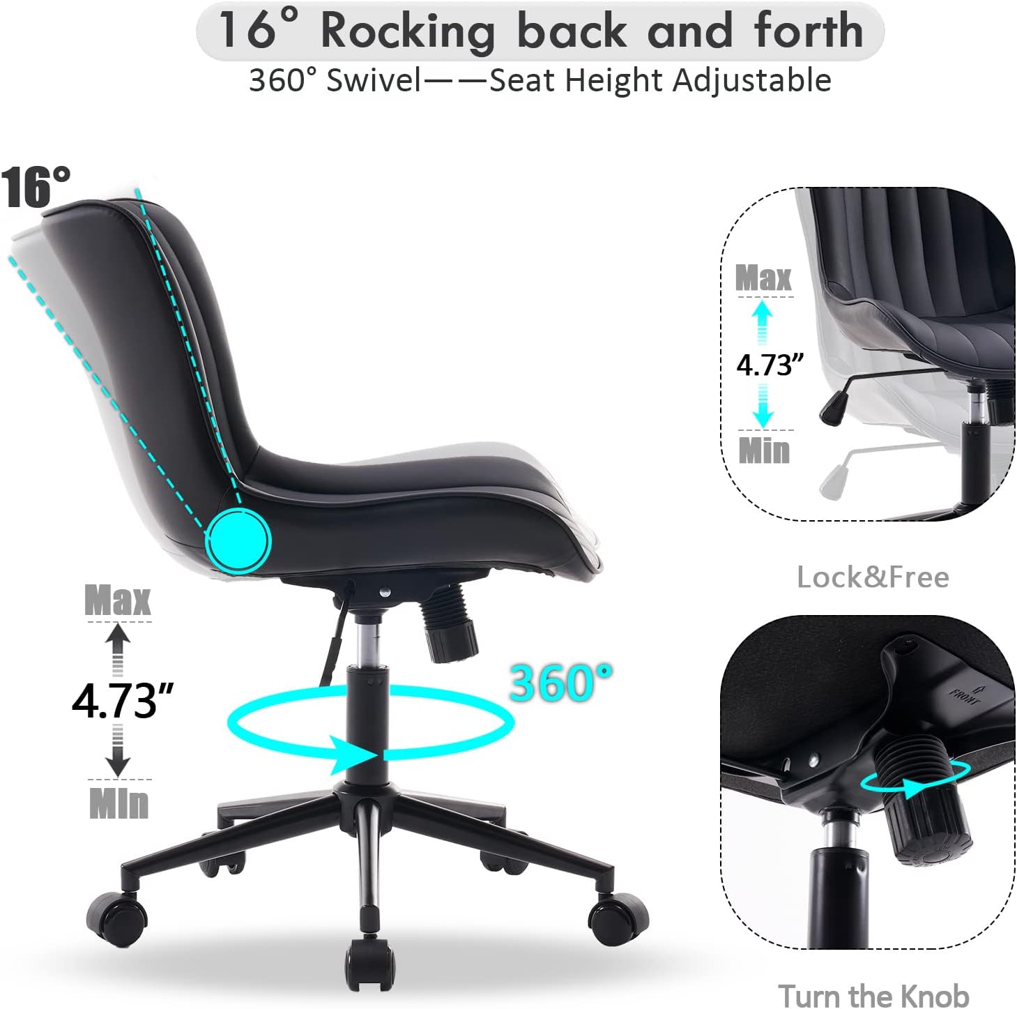 YOUNIKE Black Home Office Desk Chair with Wheels Comfy Armless Cute Vanity Chair with Adjustable Rocking Back Modern Leather Upholstered Rolling Swivel Small Task Drafting Sewing Chair Compact