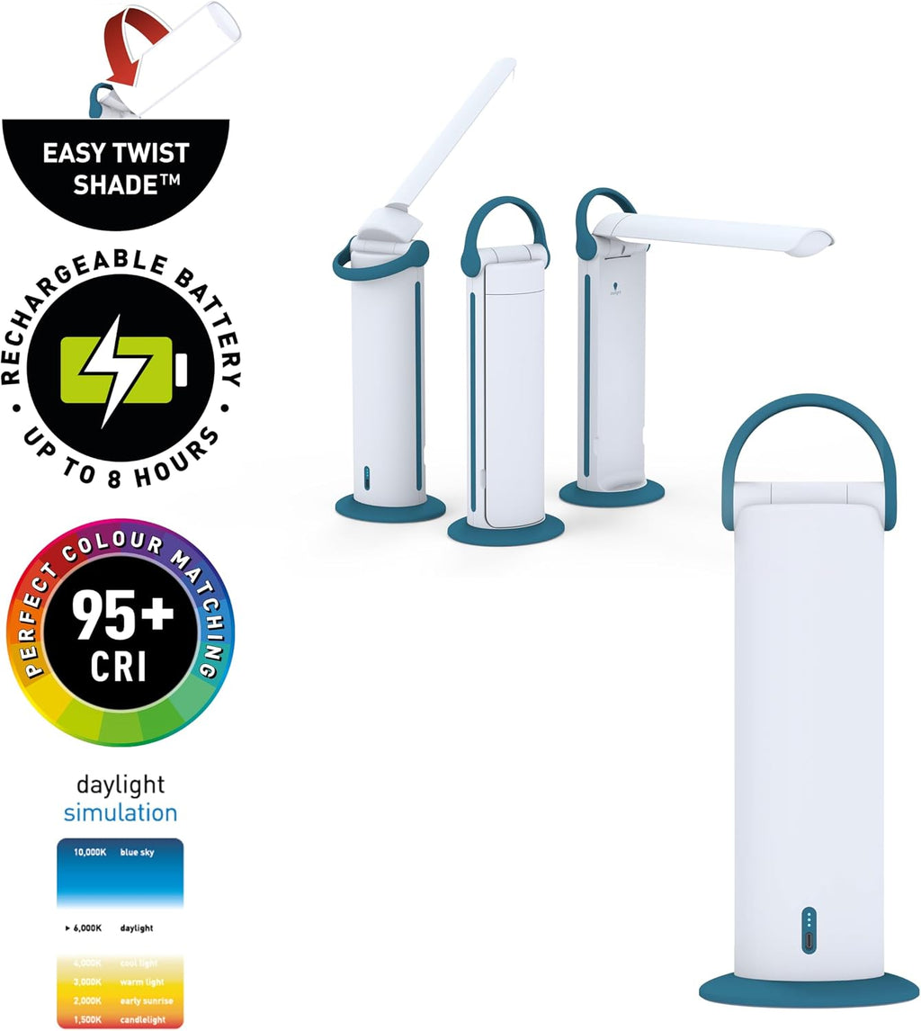 Daylight Twist 2 Go Rechargeable LED Lamp – Portable Craft & Task Light with Easy Twist Shade, 95+ CRI for Color Accuracy, 3 Brightness Levels, Up to 8 Hours Battery Life – Teal & White (U35090)