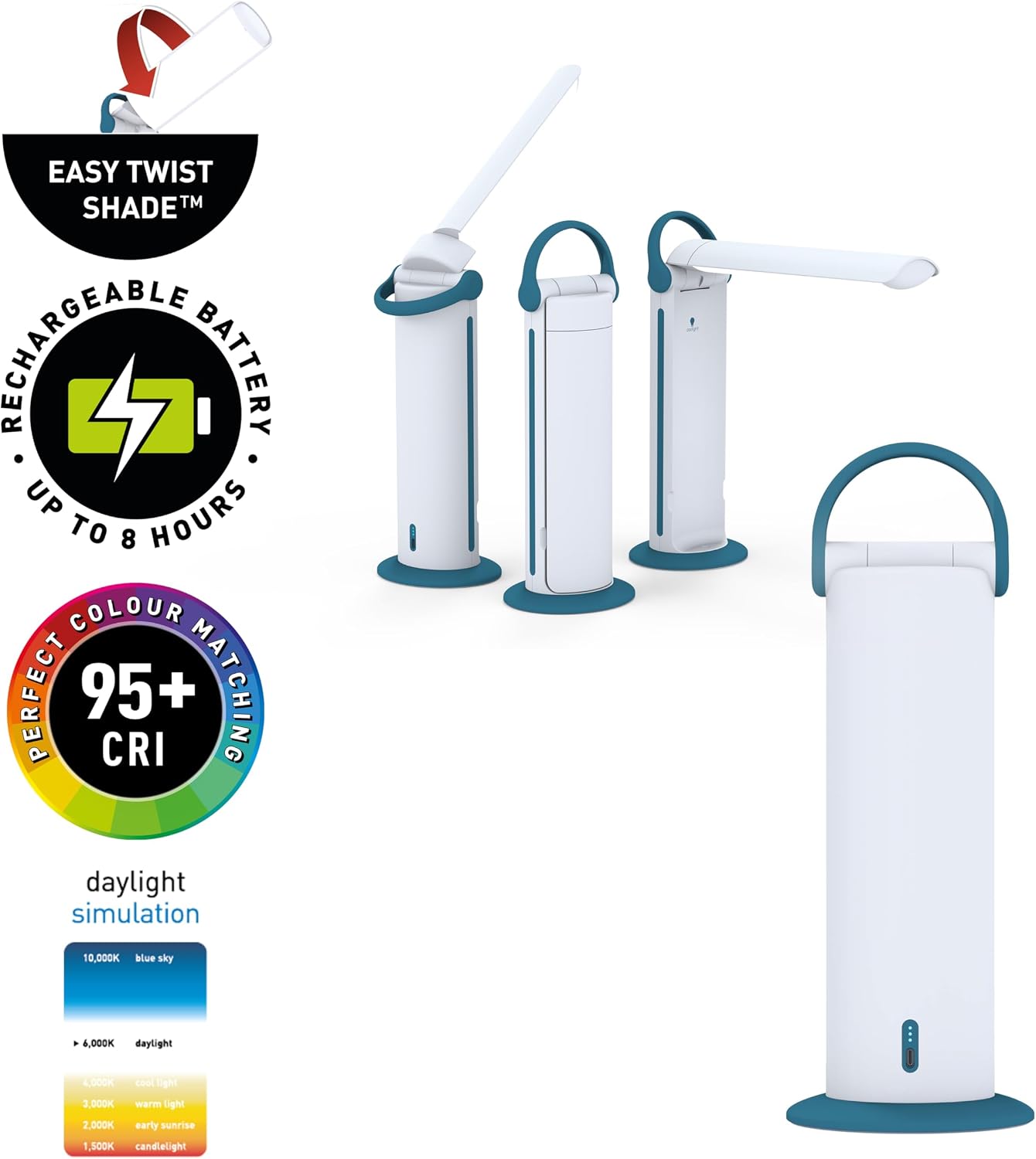 Daylight Twist 2 Go Rechargeable LED Lamp – Portable Craft & Task Light with Easy Twist Shade, 95+ CRI for Color Accuracy, 3 Brightness Levels, Up to 8 Hours Battery Life – Teal & White (U35090)
