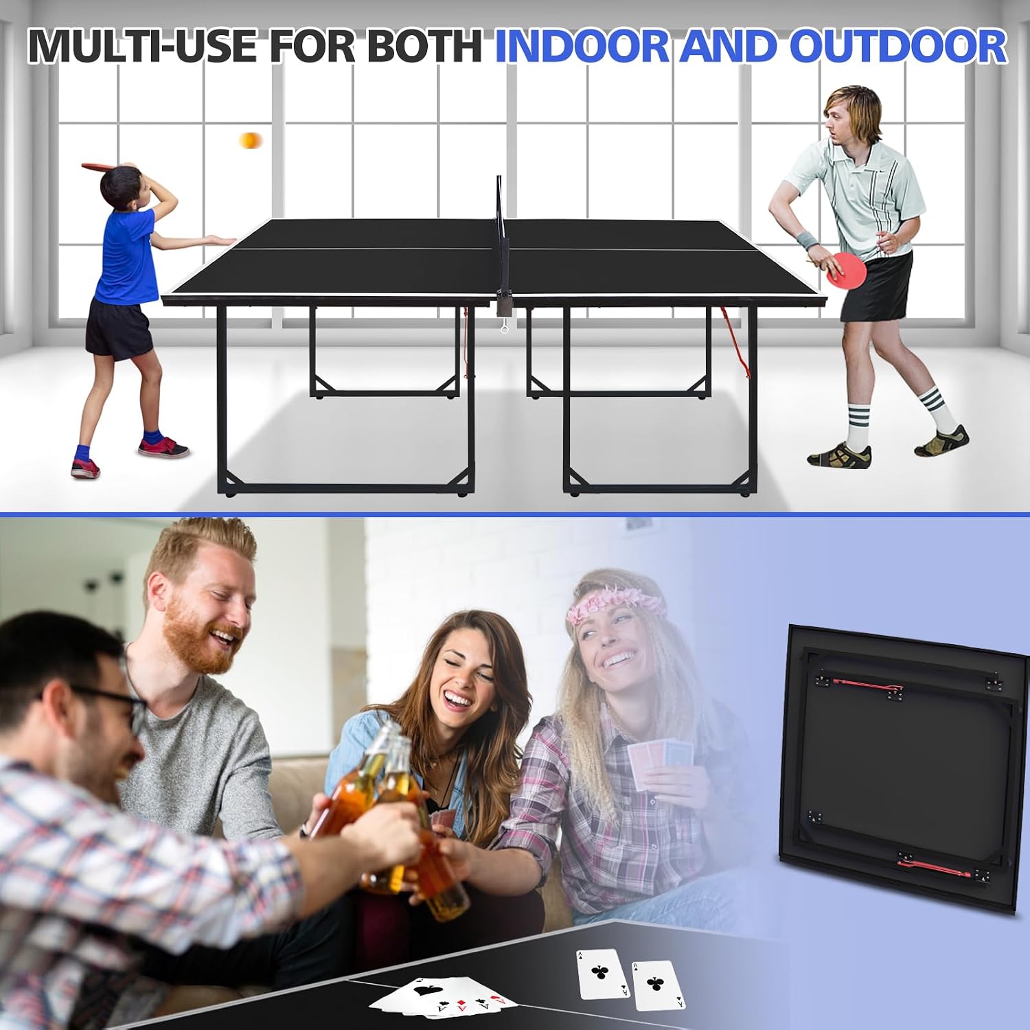Foldable Ping Pong Table Portable 4.5FT/6FT/9FT Indoor MDF Table Tennis Table Multi-Purpose Family Game Table with Net, 2 Paddles and 3 Balls for Kid Teenager Adult