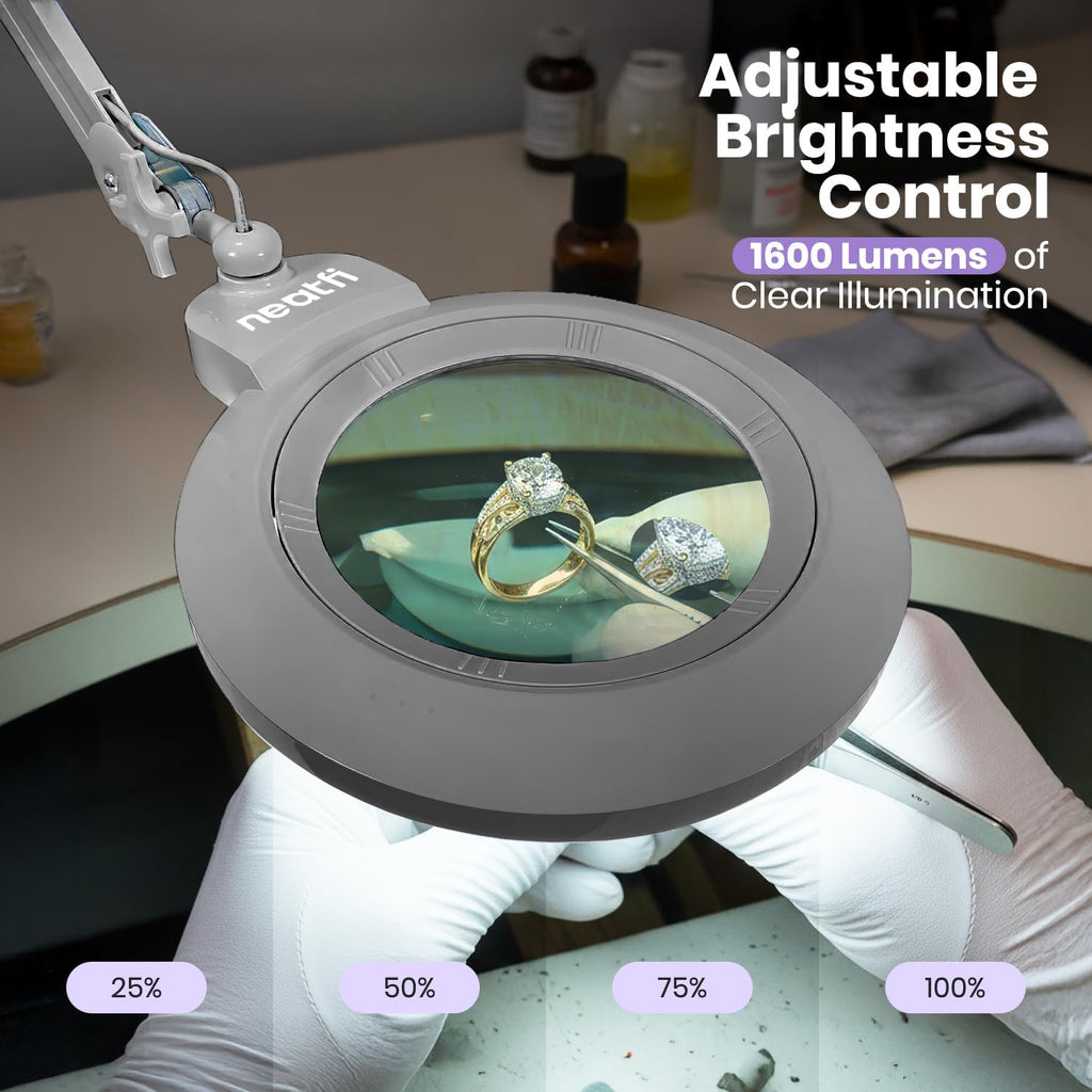 Neatfi XL Bifocal LED Magnifying Lamp, 7' Acrylic Lens, 2.25X/6X Magnification, 1,600 Lumens Dimmable | Hands-Free Close Work | Crafting, Jewelry & Reading (Silver, 7-inch Lens, Non-CCT with Clamp)