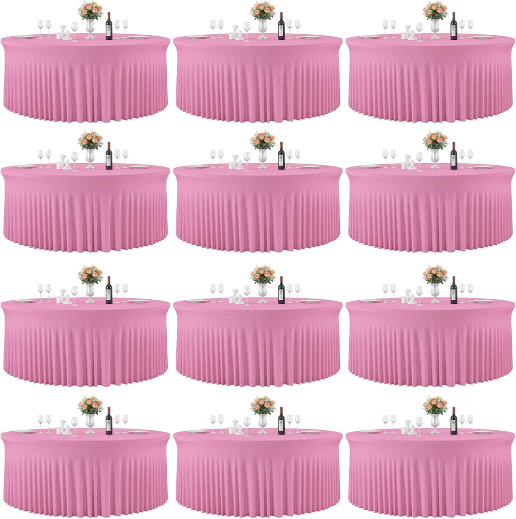12 Pack Pink Table Cloths for 5FT Round Tables, Fitted Spandex 120 inch Round Tablecloth, Wrinkle Free Pink Table Skirt for Receptions Birthday Photography Social Events Engagement Party Decorations