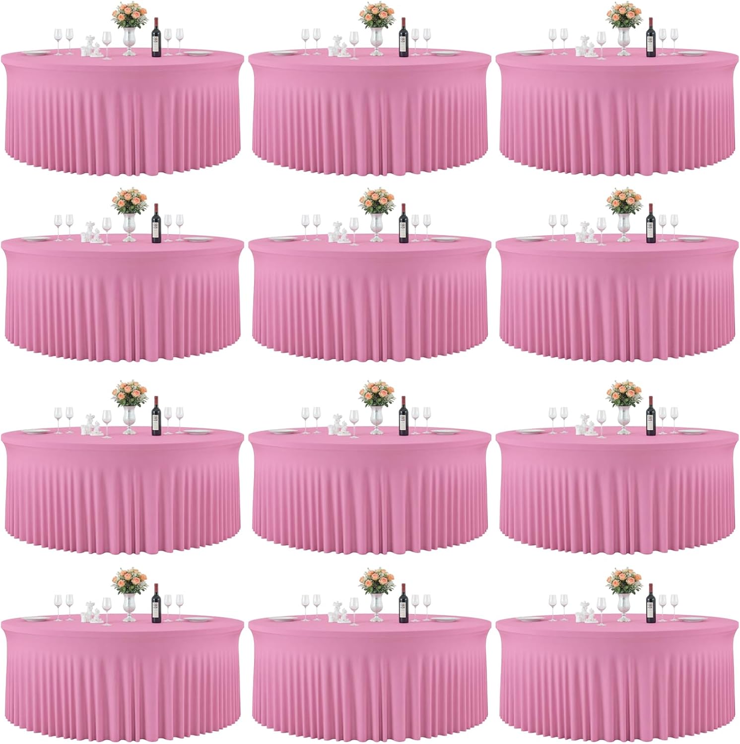 12 Pack Pink Table Cloths for 5FT Round Tables, Fitted Spandex 120 inch Round Tablecloth, Wrinkle Free Pink Table Skirt for Receptions Birthday Photography Social Events Engagement Party Decorations