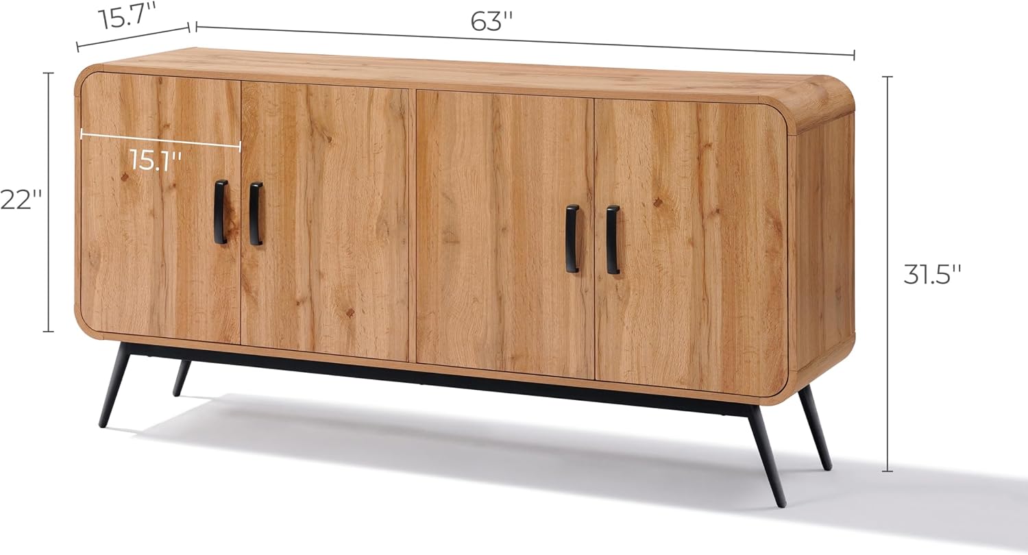 LuxenHome Sideboard Buffet Cabinet with Storage, 63'Mid Century Modern 4-Door Accent Pantry Cabinets with Black Metal Legs, Wood Console Table for Home Decor Living Room, Dining Room, Entryway, Office